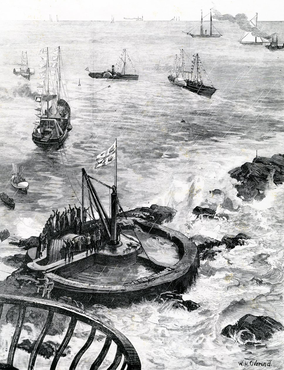 A walesi herceg és Edinburgh hercege az új Eddystone világítótorony alapkövét rakja le, illusztráció a „The Illustrated London News”-ból, 1879 alkotó: William Heysham Overend