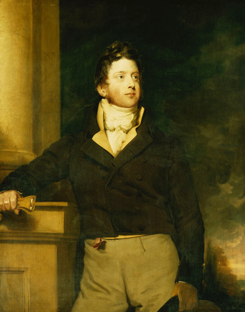 Egy úriember portréja, álló, háromnegyed hosszú, barna kabátot visel, fehér jabottal, tájban, alkotó: William Hilton