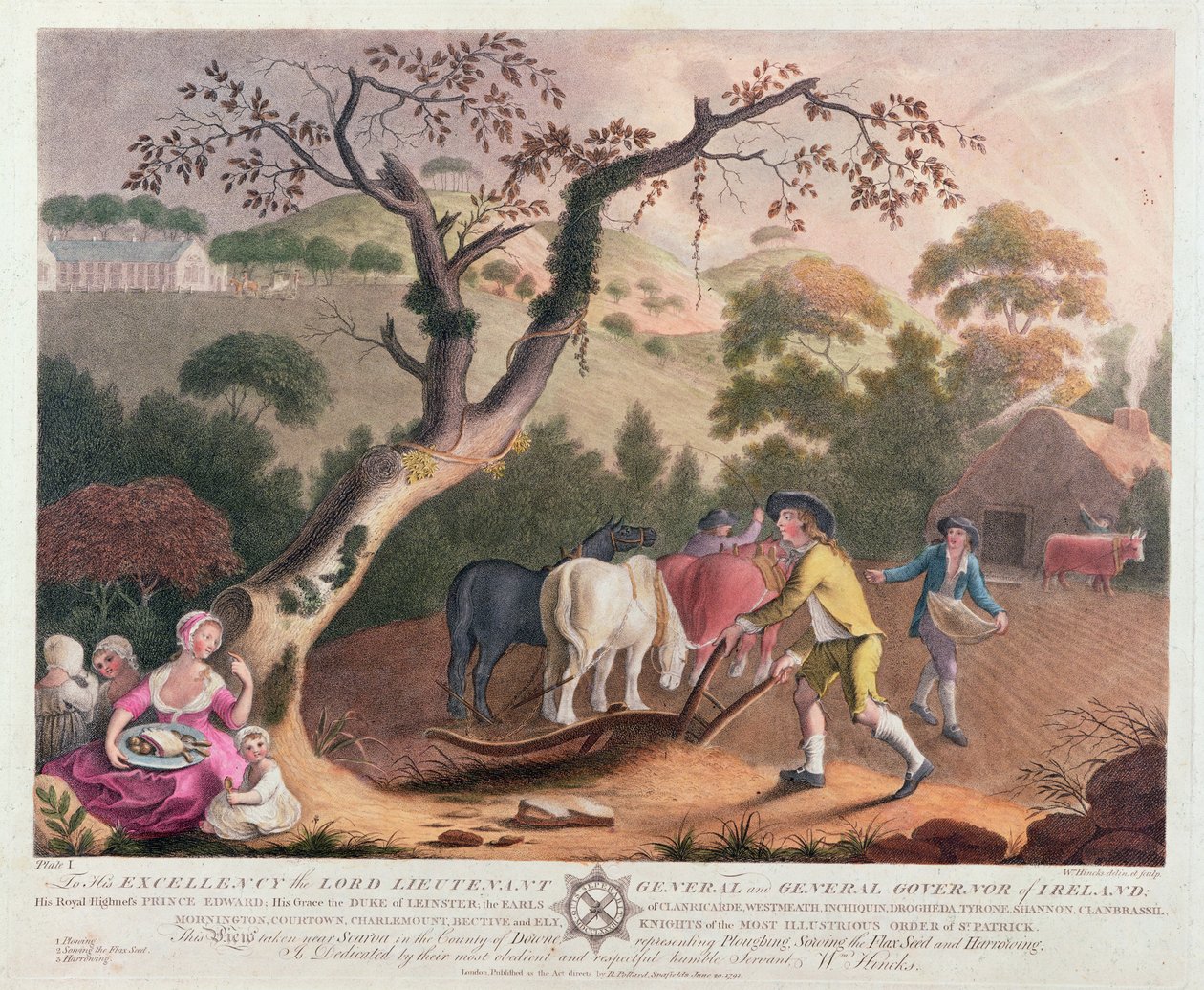 Szántás, lenmag vetés és boronálás képe, 1791 alkotó: William Hincks