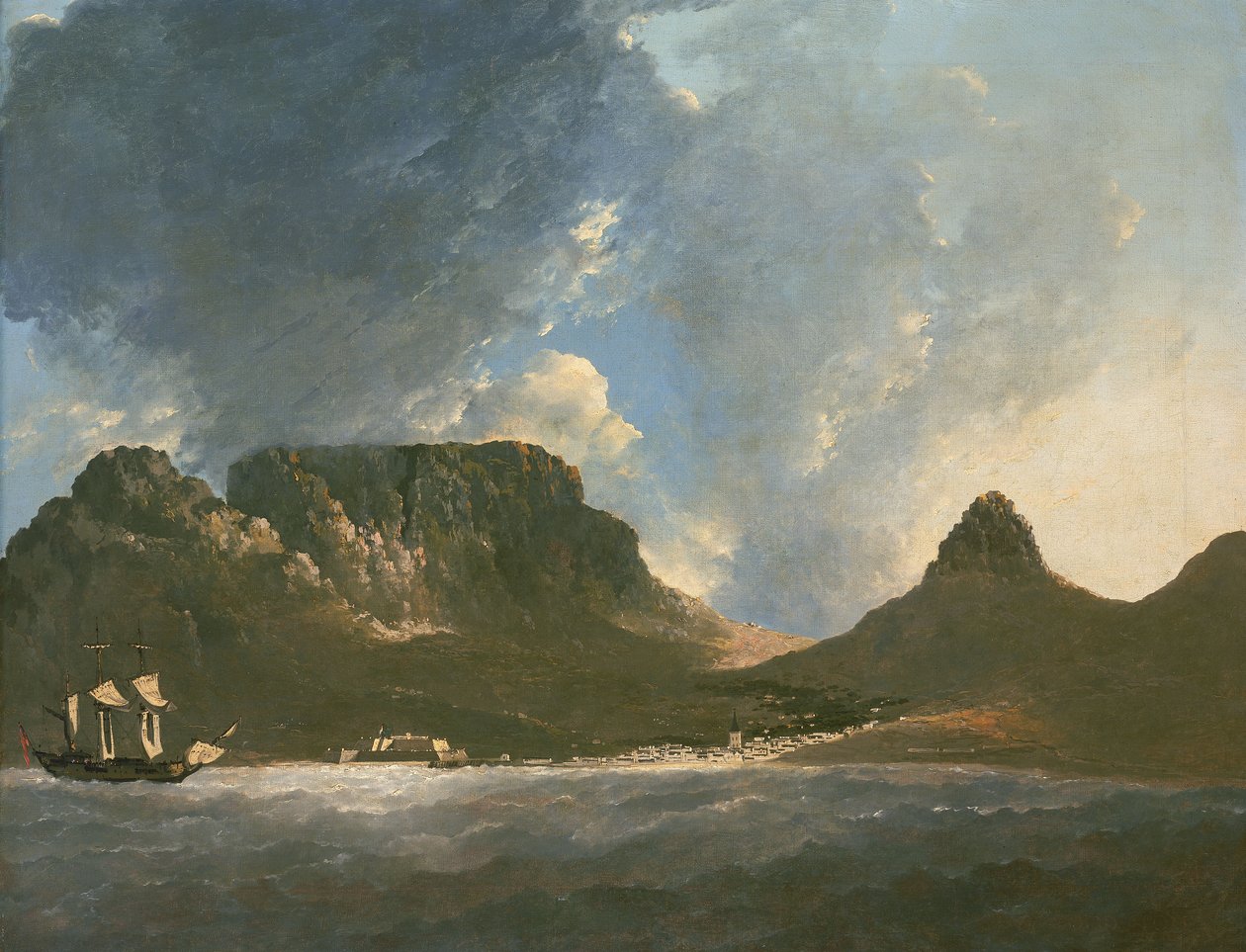 A Jóreménység-fok látképe, a helyszínen, a "Resolution" fedélzetéről felvéve. alkotó: William Hodges