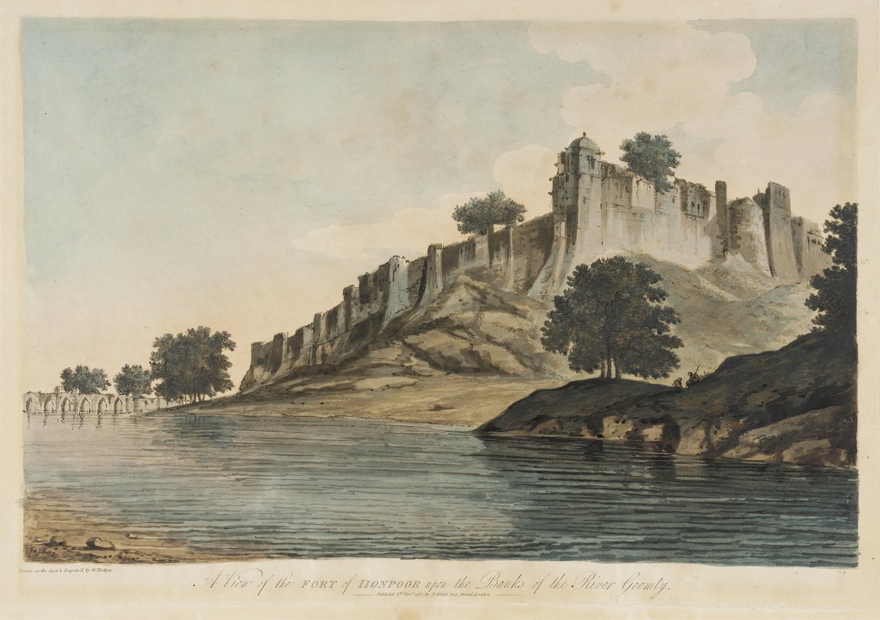 Kilátás az Iionpoor-erődre [Firuz Shah Tughluq erődje, Jaunpur, Uttar Pradesh, 1360] a Goomty [Gumti] folyó partjáról, a „Select Views in India” című műből alkotó: William Hodges