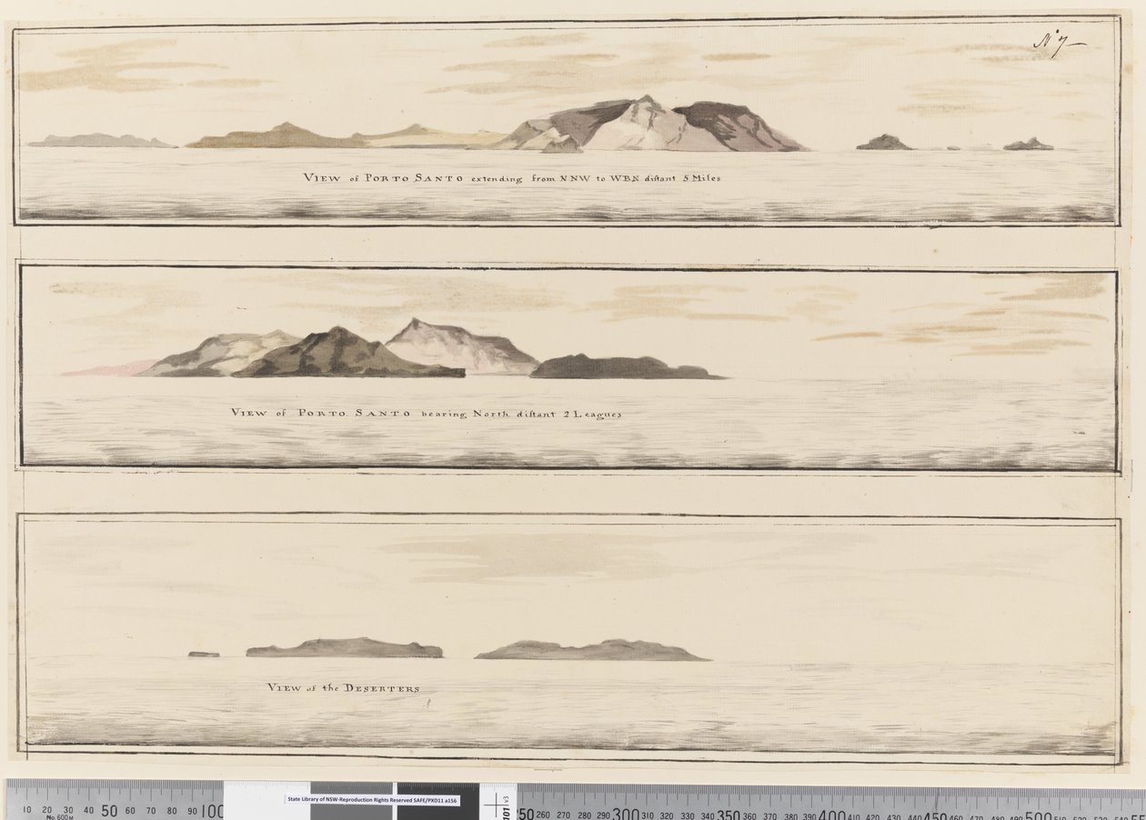 7. oldal a) Porto Santo kilátása. Az alsó széle mentén tintával ellátva: „Porto Santo nézete NNW-től WBW-ig, 5 mérföld távolságra” (b) Porto Santo nézete észak felé. A tintával az alsó széle: „Porto Santo panorámája, északi távolság 2 ligát”. (c) Nézet o alkotó: William Hodges