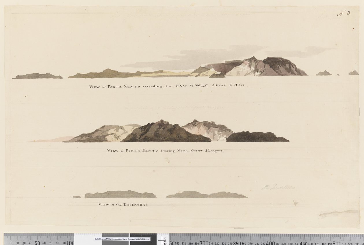 8. oldal (a) Porto Santo nézete NNW-től WBN-ig 5 mérföldre (b) Porto Santo nézete, északi távolság 2 ligával és (c) Kilátás a Desertersre alkotó: William Hodges