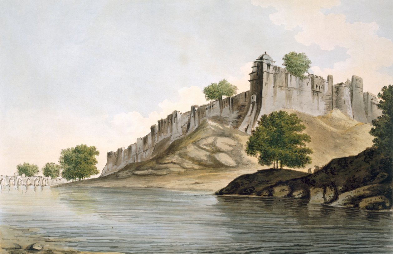 Pl. 33 Kilátás az Ilionpoor erődről a Goomty folyó partján a „Select Views in India”, pub. 1785-88 (színes rézkarc akvatintával) alkotó: William Hodges