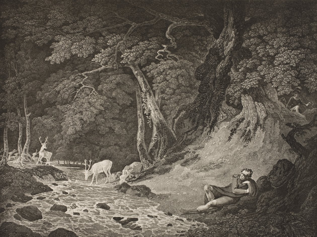 The Forest of Arden, II. felvonás, I. jelenet, az „As You Like It”-ből, a Boydell Shakespeare Galériából, 19. század végén jelent meg alkotó: William Hodges