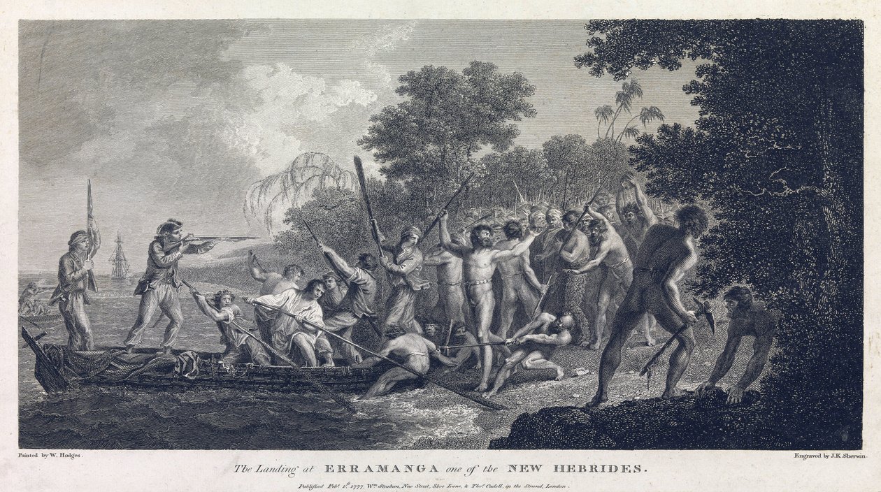 A partraszállás Erramangán (vagy Eromangán), Vanuatu (korábban Új-Hebridák, szigetcsoport a Csendes-óceánban) egyik szigetén, ahol egy kenu legénysége harcol a sziget harcosaival. alkotó: William Hodges