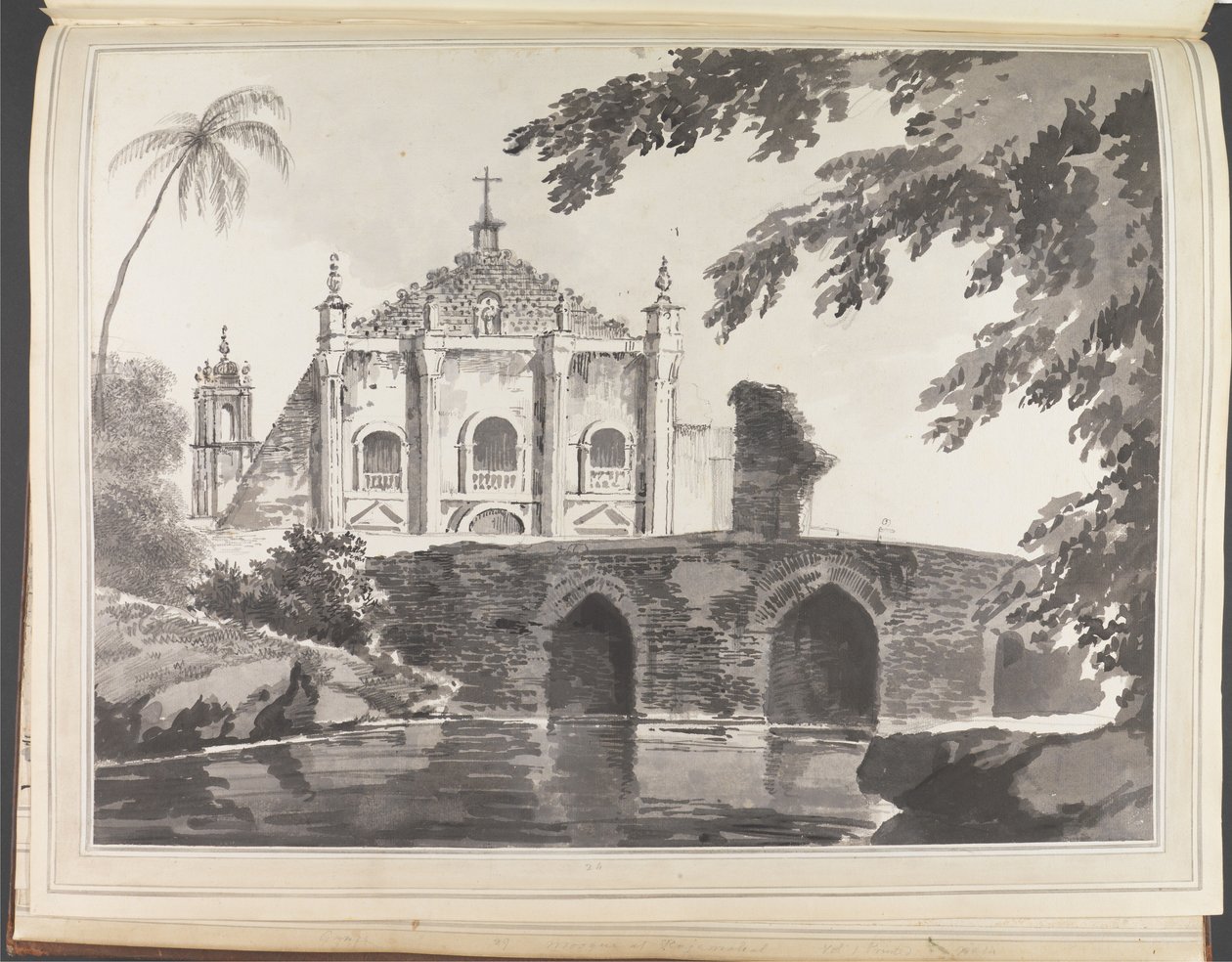 Kilátás egy hídra és egy keresztény templomra alkotó: William Hodges
