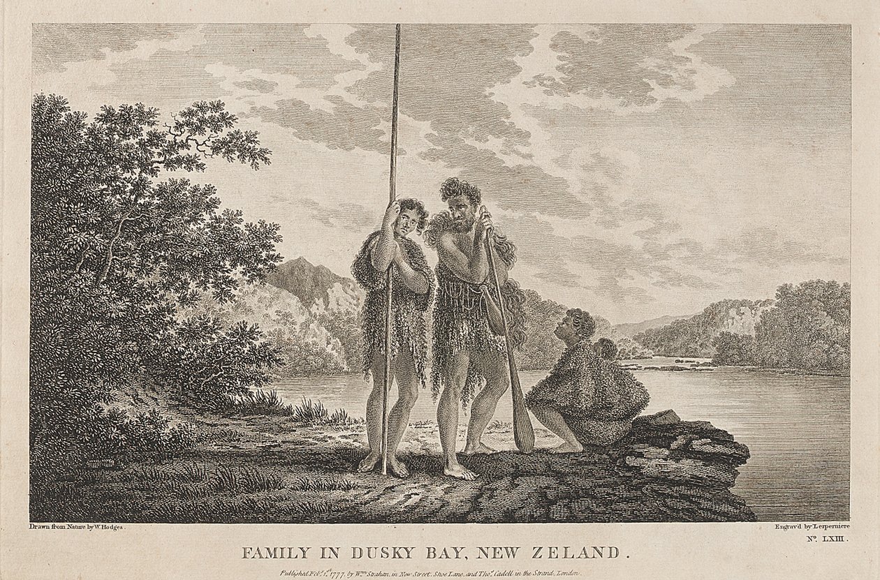 A Szigetek öble (Dusky Bay) (Új-Zéland), egy maori családdal. Metszet (33,9x47,1 cm) William Hodges (1744-1797) rajzáról, 1785 körül. alkotó: William Hodges