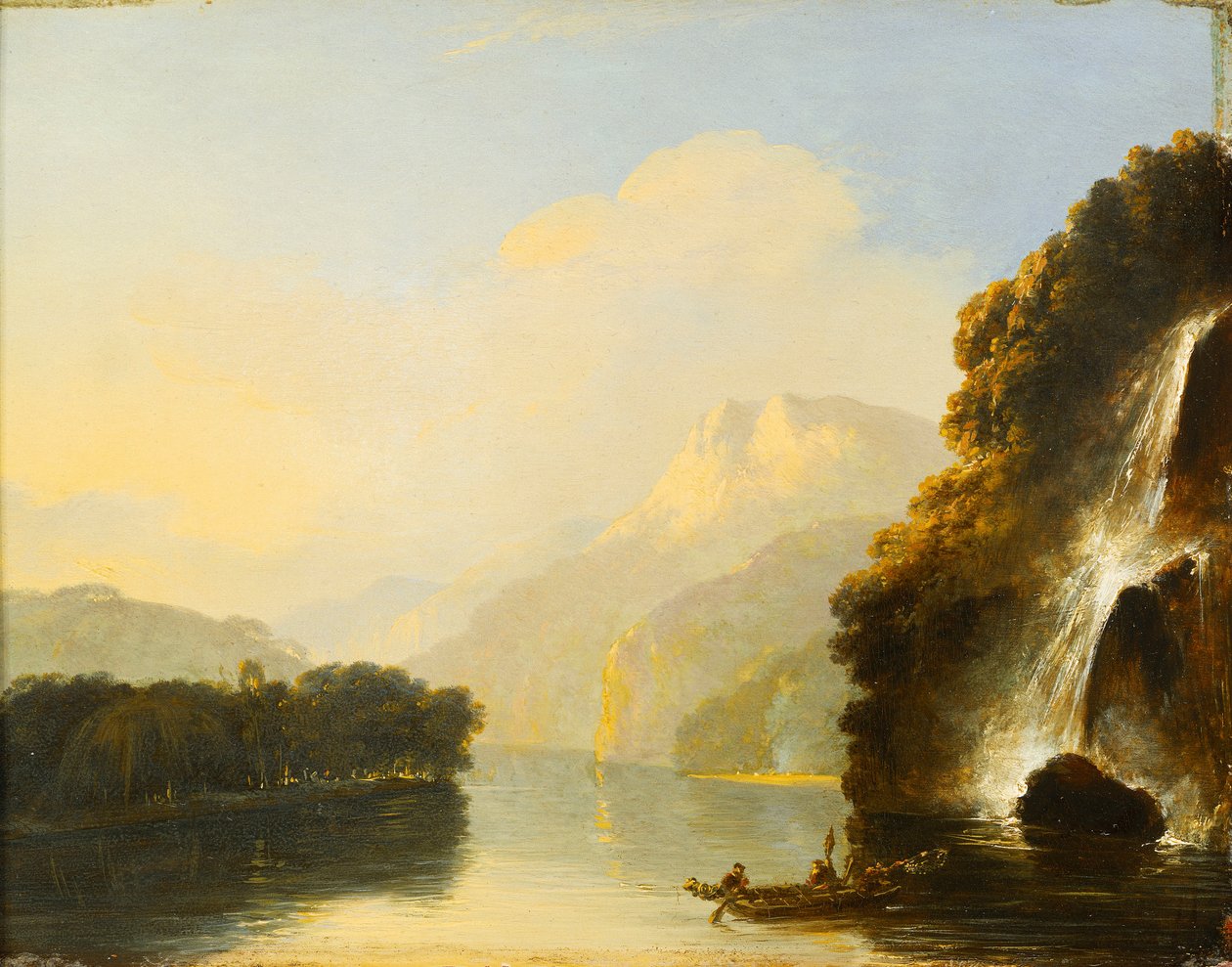 Vízesés a Dusky Bayben egy maori kenuval alkotó: William Hodges