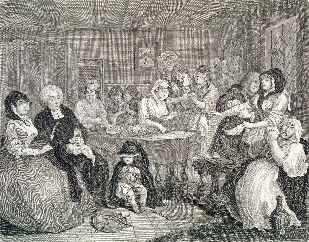 Egy szajha fejlődése, Hatodik tábla: A temetés, rézkarc és metszet) alkotó: William Hogarth