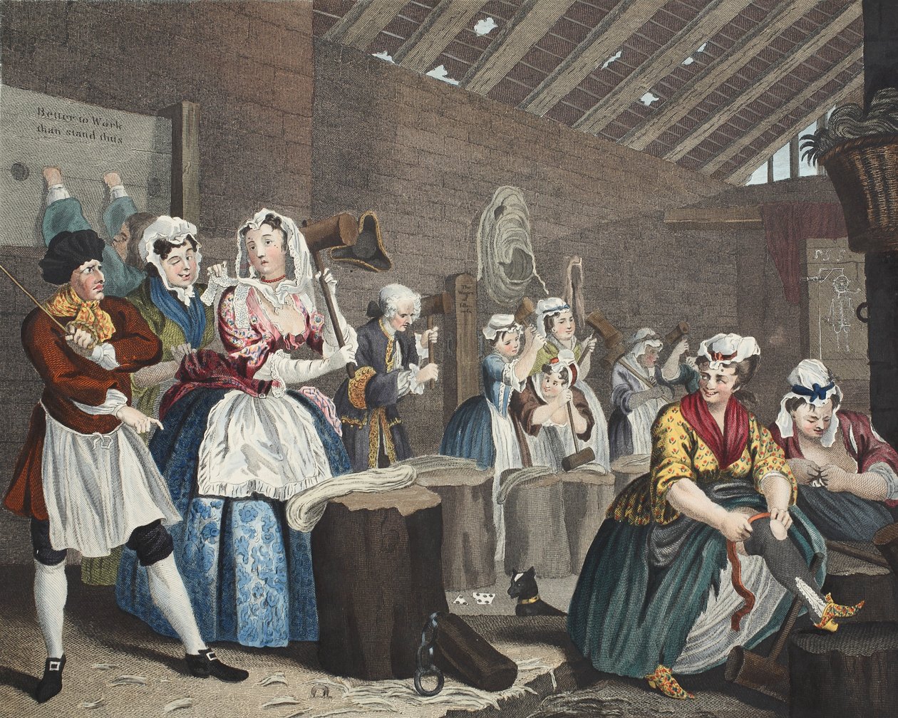 Egy szajha fejlődése, lV. tábla: Jelenet Bridewellben, illusztráció a „Hogarth Restored: The Whole Works of the híres William Hogarth, újrametszett Thomas Cook” című kocsmából. 1812 (kézzel színezett metszet alkotó: William Hogarth