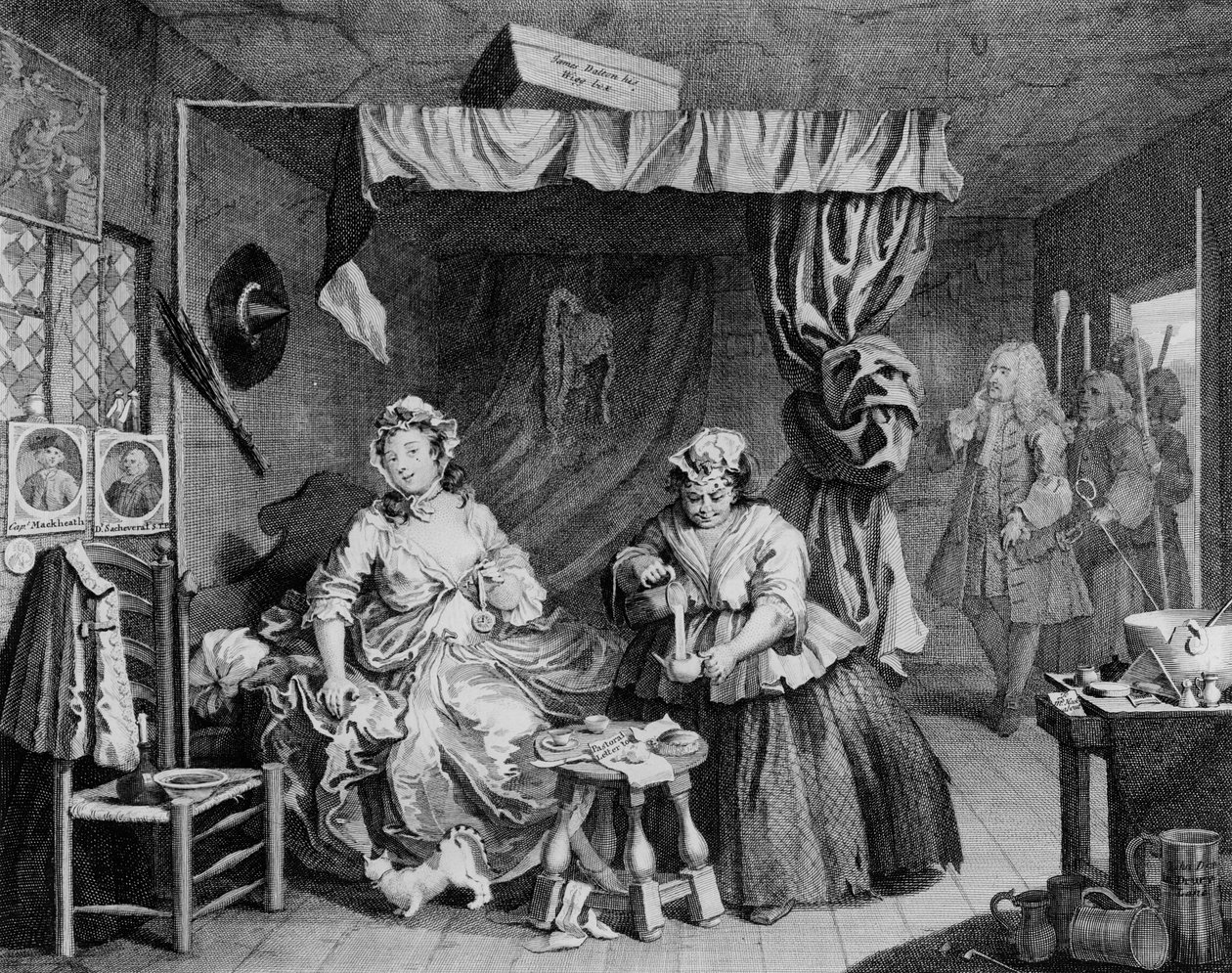 Egy szajha útja, III. tábla, "A magisztrátus által letartóztatva", 1732. alkotó: William Hogarth