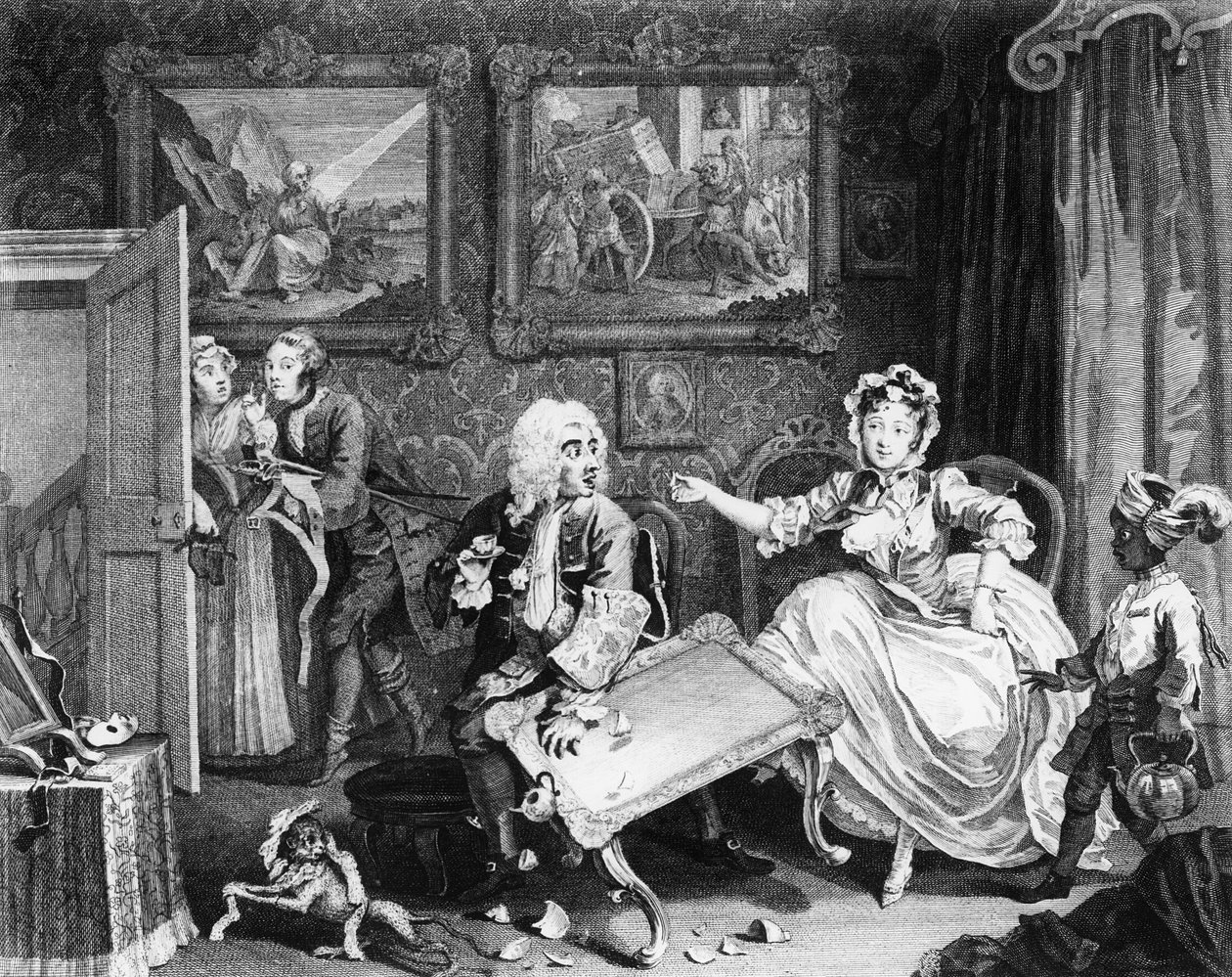 Egy szajha fejlődése, II. lemez, veszekedik a zsidó védelmezőjével alkotó: William Hogarth