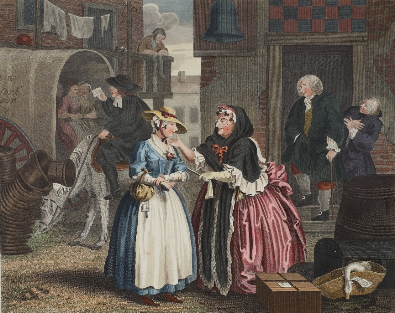 Egy szajha fejlődése, I. tábla, illusztráció a „Hogarth Restored: The Whole Works of the híres William Hogarth, re-graves by Thomas Cook”, pub. 1812 (kézzel színezett metszet) alkotó: William Hogarth