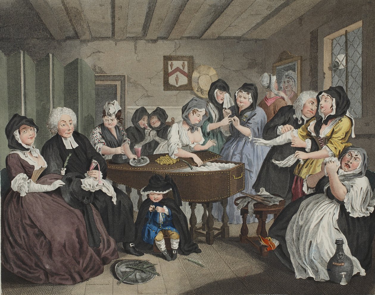 Egy szajha fejlődése, VI. tábla, illusztráció a „Hogarth Restored: The Whole Works of the híres William Hogarth, re-graves by Thomas Cook”, pub. 1812 (kézzel színezett metszet) alkotó: William Hogarth