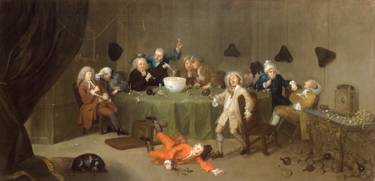 Egy éjféli modern beszélgetés, 1732 körül alkotó: William Hogarth