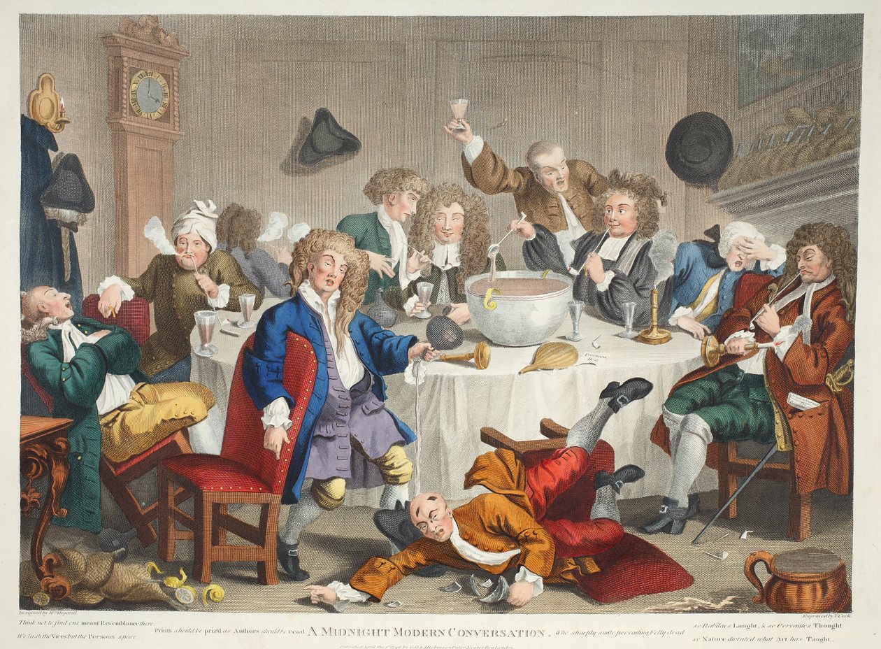 A Midnight Modern Conversation, illusztráció a "Hogarth Restored: The Whole Works of the Celebrated William Hogarth, re-engraved by Thomas Cook", pub. 1812 (kézzel színezett metszet) alkotó: William Hogarth