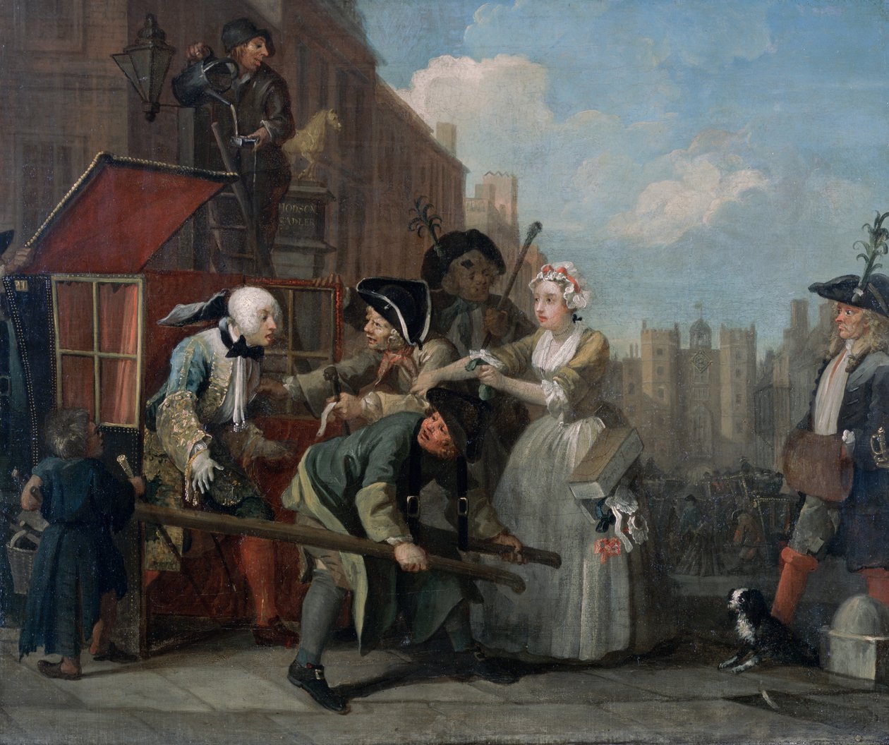 Egy gereblye fejlődése IV: A letartóztatottak, bíróság elé vonulnak, 1733 alkotó: William Hogarth