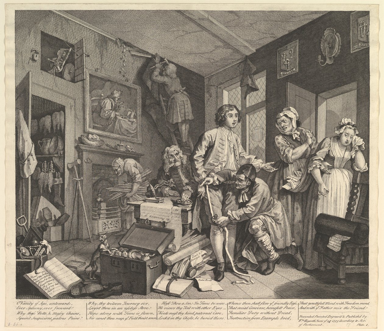 A Rakes Progress, 1. tábla, 1735. június 25. alkotó: William Hogarth