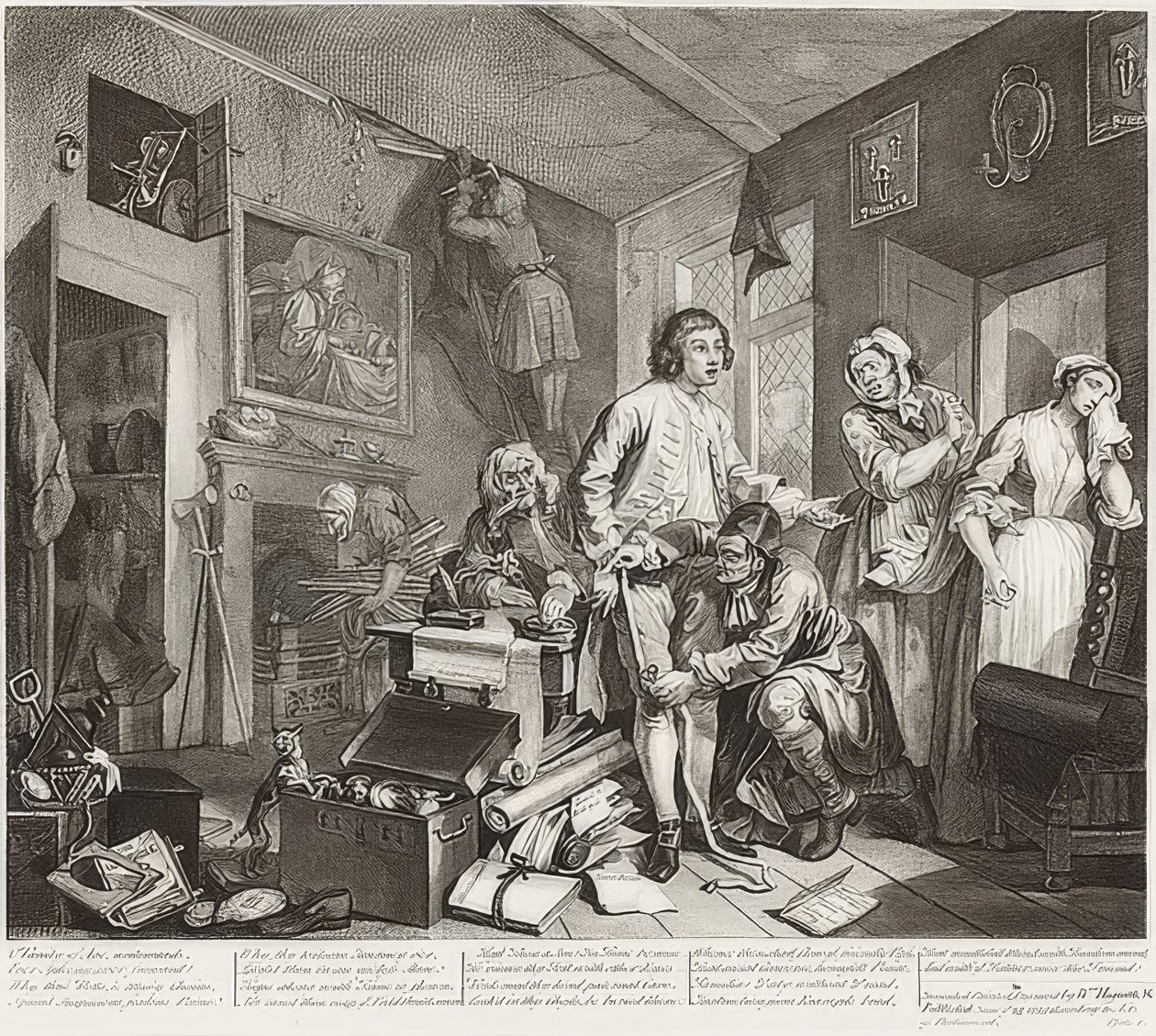A gereblye fejlődése, 1. tábla: A gereblye birtokba vétele / Der Weg eines Liederlichen, Blatt 1: Die Erbschaft. 1735 alkotó: William Hogarth