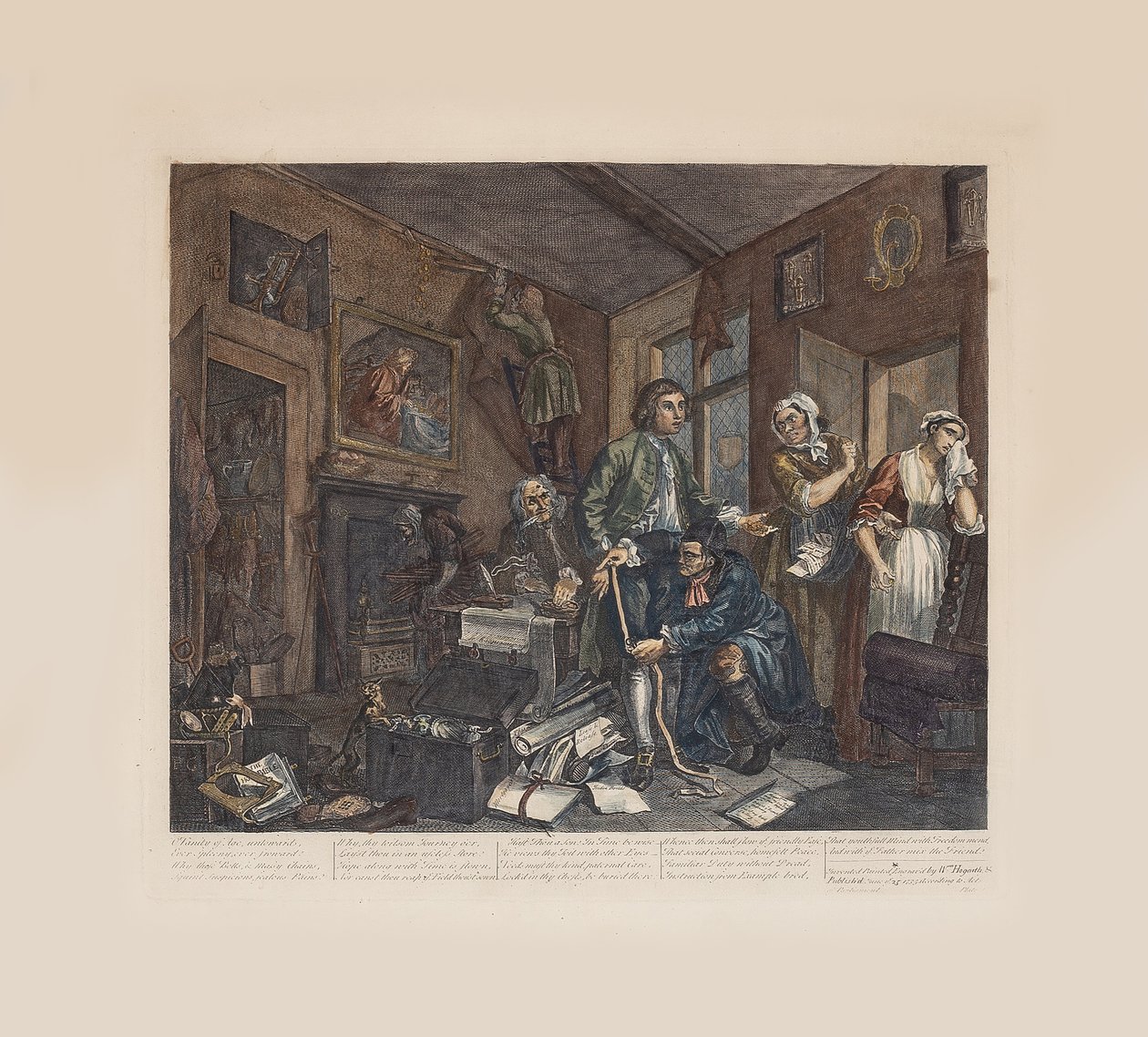 Egy gereblye fejlődése, 1. tábla: Az ifjú örökös birtokba veszi a fösvény hatásait, 1735 körül. alkotó: William Hogarth
