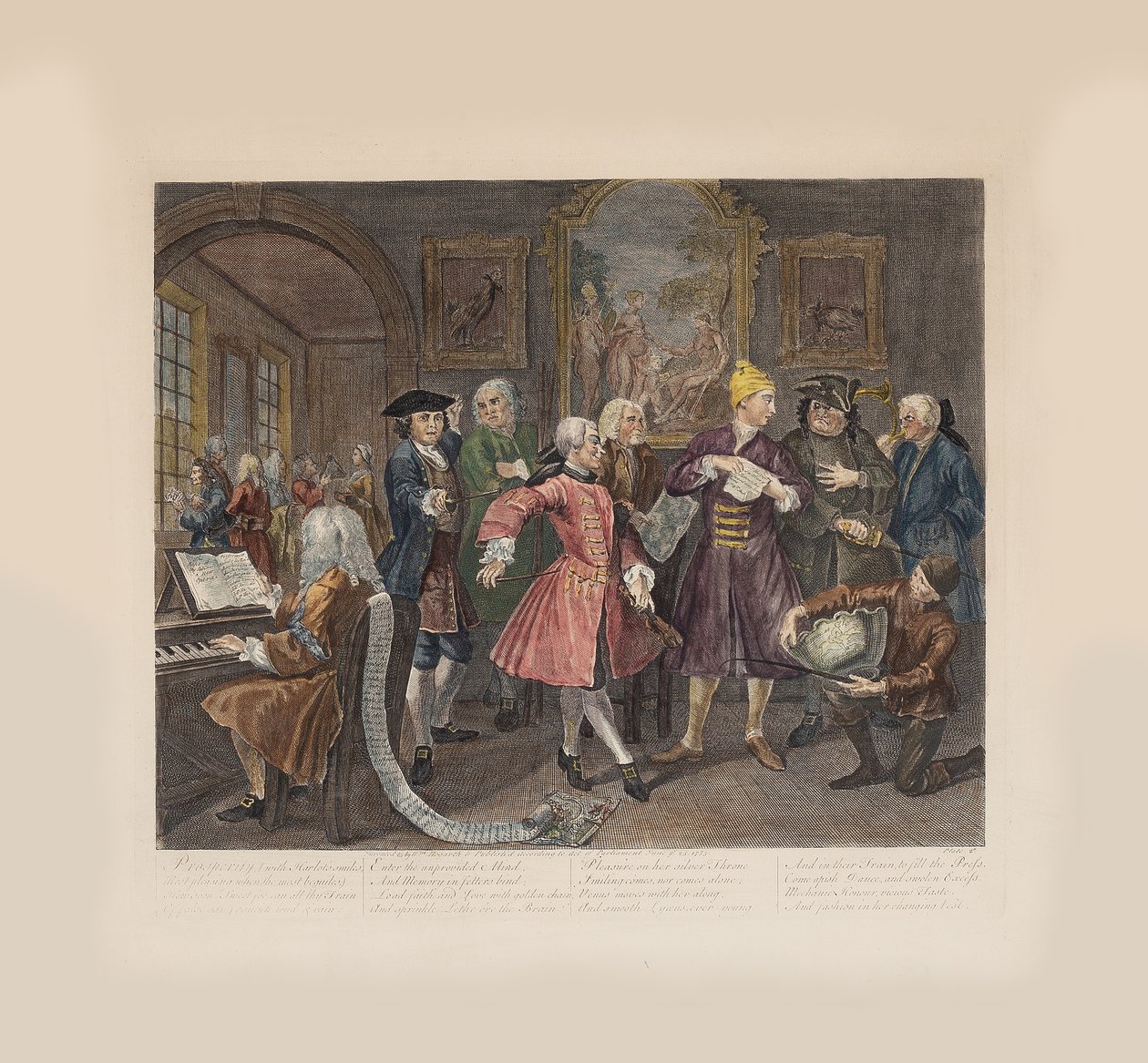 A gereblye fejlődése, 2. tábla: Művészekkel és professzorokkal körülvéve, 1735 körül. alkotó: William Hogarth
