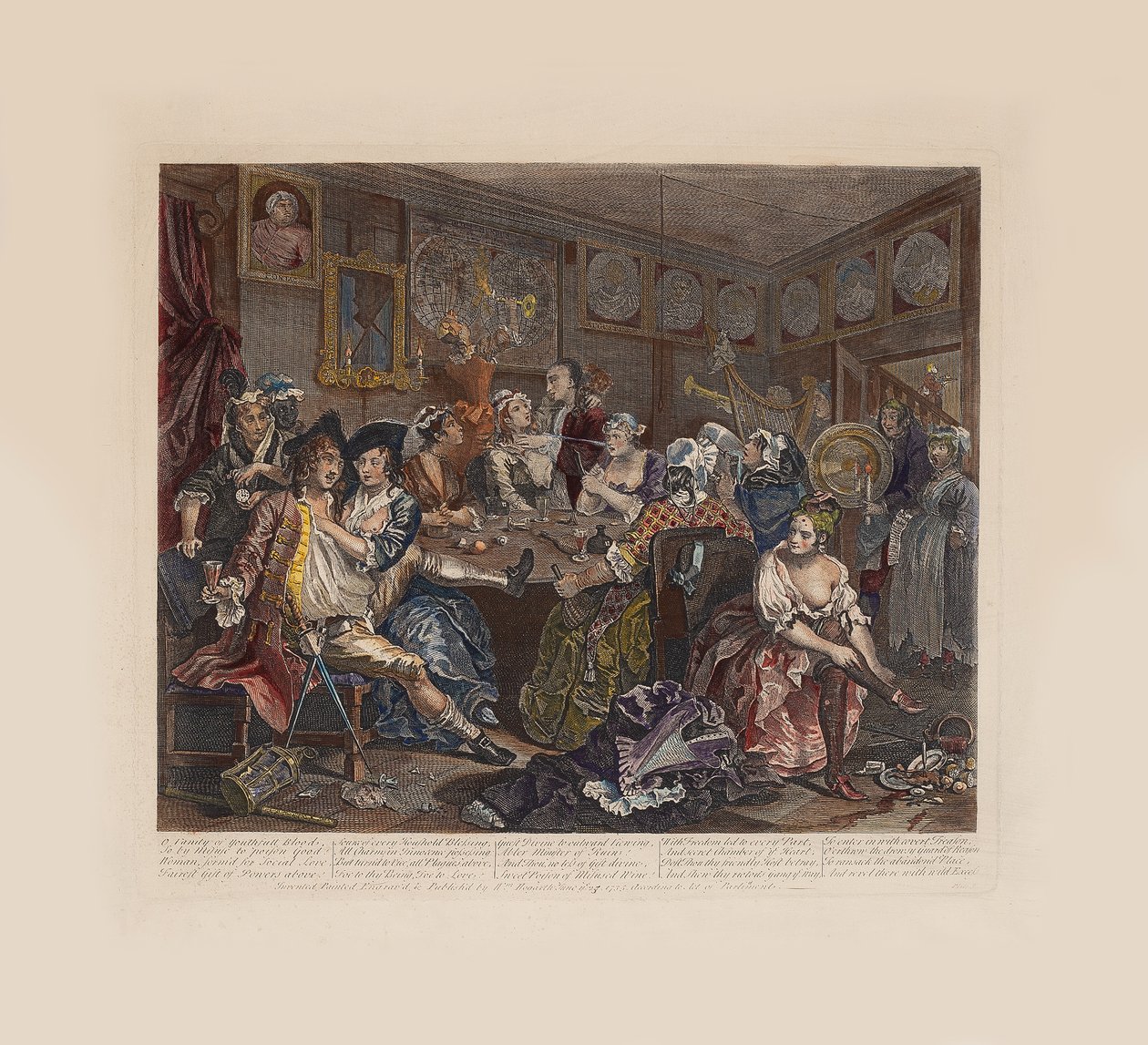 Egy gereblye fejlődése, 3. tábla: A kocsma jelenete, 1735 körül. alkotó: William Hogarth