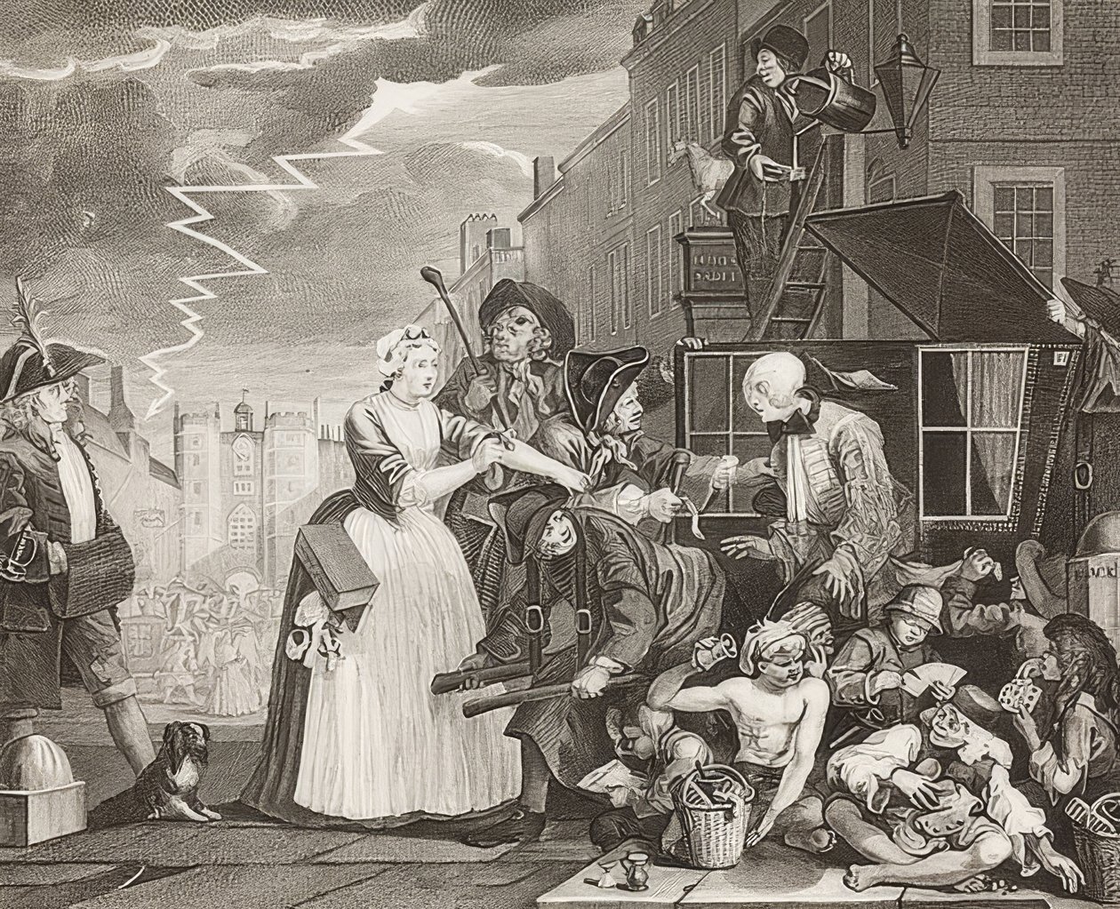 A Rake? S Progress, 4. tábla: The Rake Arrested, Going to Court / Der Weg eines Liederlichen, Blatt 4: Tom Rakewell letartóztatták és megmentették. 1735 alkotó: William Hogarth
