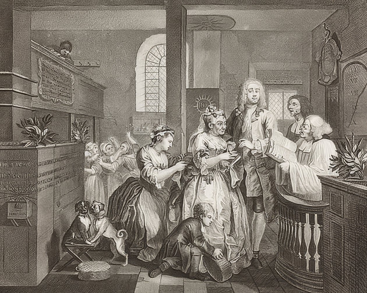 A gereblye? S Progress, 5. tábla: The Rake Marrying an Old Woman / The Path of a Dissolute, Sheet 5: Tom Rakewell feleségül vesz egy gazdag öregasszonyt). 1735 alkotó: William Hogarth