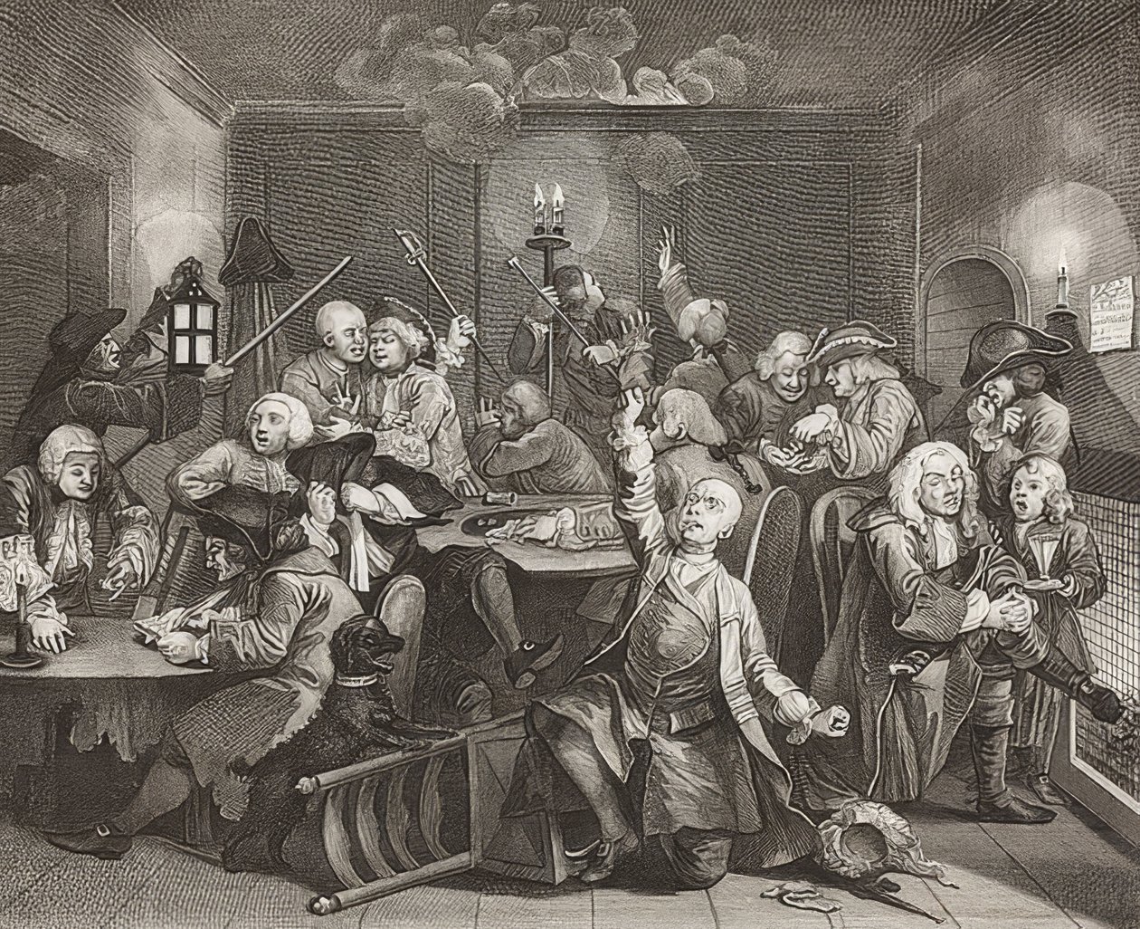 A Rake S Progress, 6. tábla: A rake egy játékházban, 6. lap: Tom Rakewell egy szerencsejáték barlangban. 1735 alkotó: William Hogarth