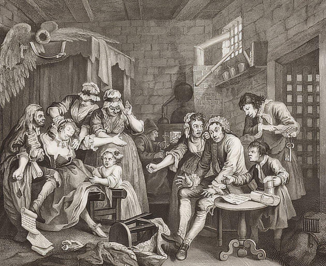 A Rake?s Progress, 7. lap: The Rake in Prison / Der Weg eines Liederlichen, Blatt 7: Tom Rakewell im Schuldgefängnis. 1735 alkotó: William Hogarth