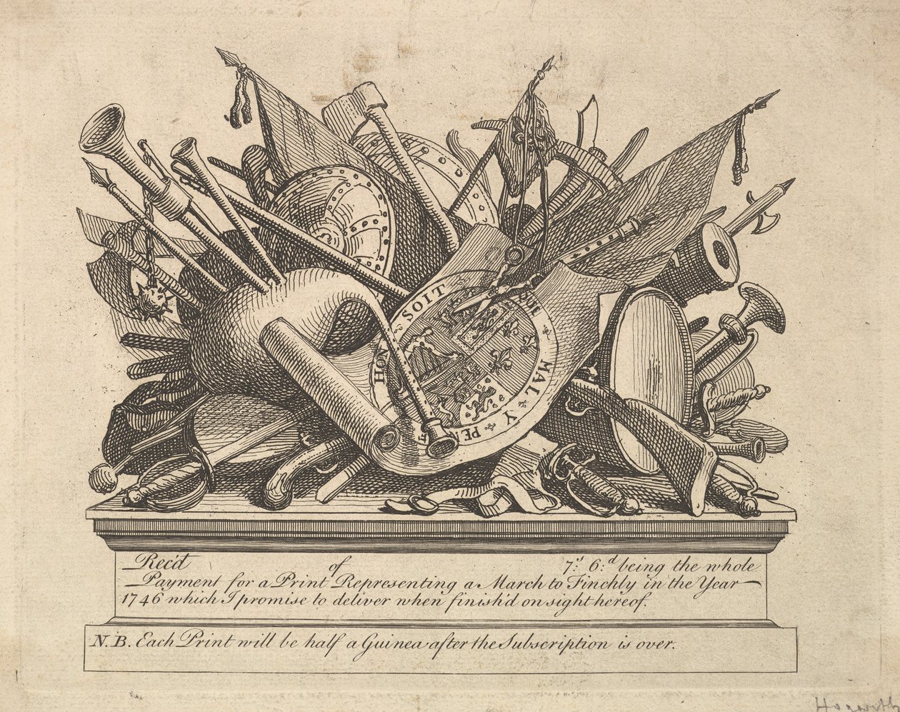 Fegyverállvány, hangszerek stb., 1749-50. március. alkotó: William Hogarth