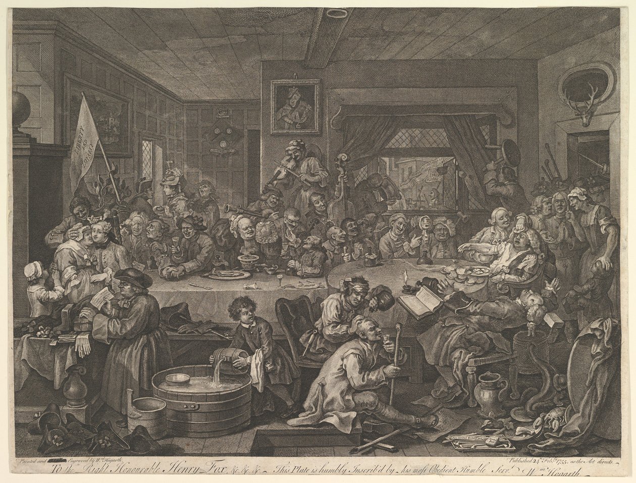 Választási mulatság, I. tábla: Egy választás négy lenyomata, 1755. február 24. alkotó: William Hogarth