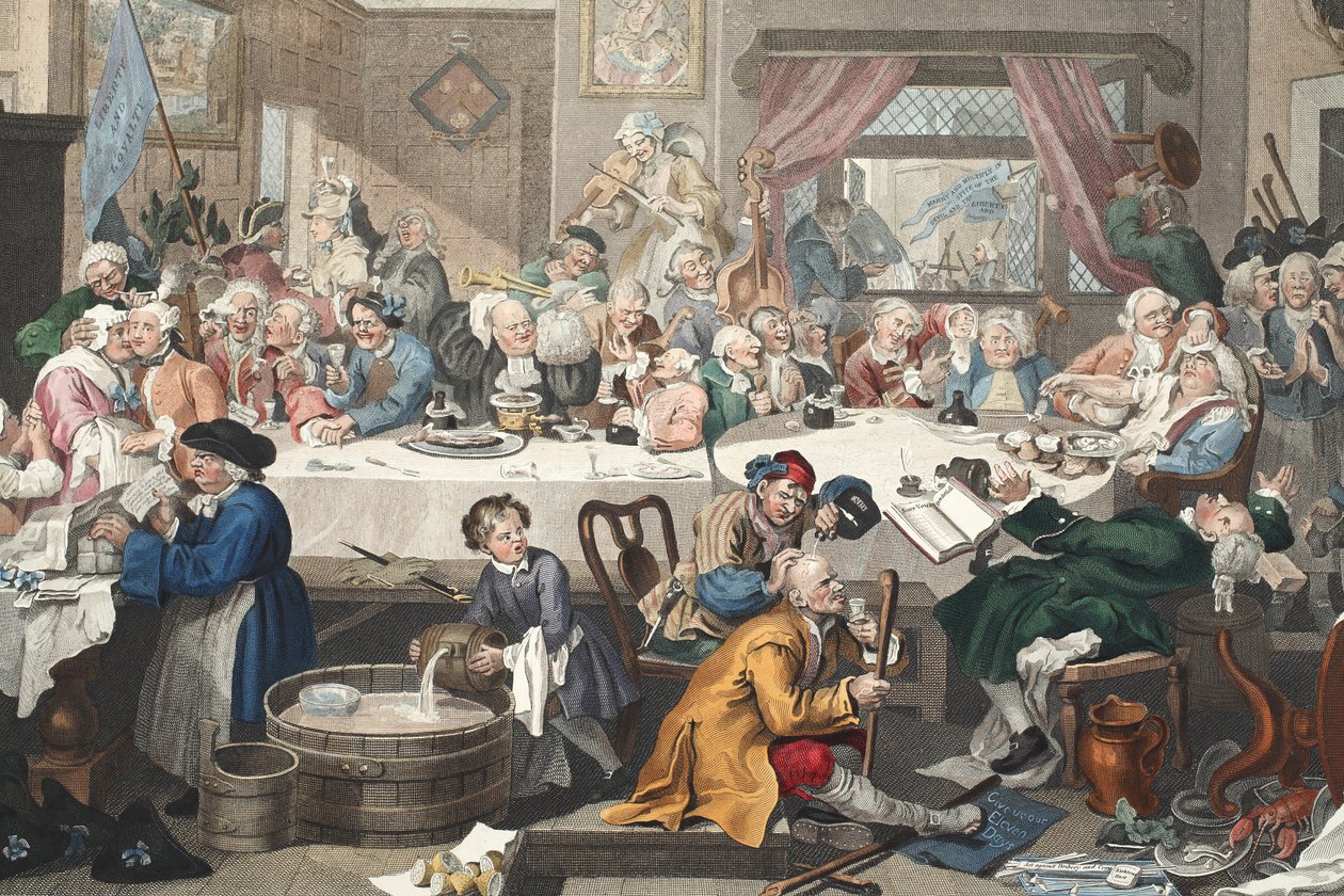 Választási szórakozás, illusztráció a „Hogarth Restored: The Whole Works of the híres William Hogarth, újrametszett Thomas Cook” című kocsmából. 1812 (kézzel színezett metszet) alkotó: William Hogarth