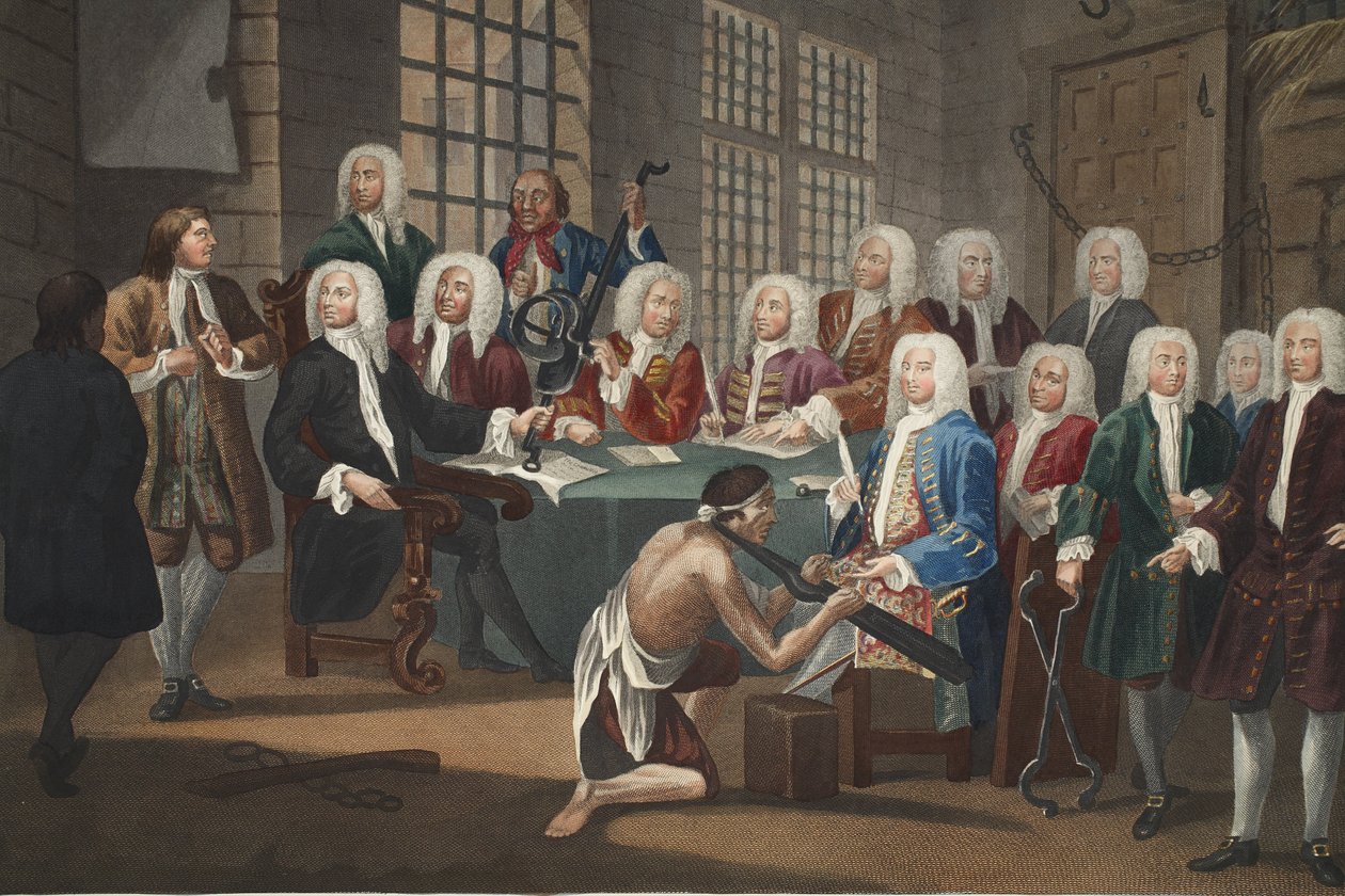 Bambridge ellen gyilkosság vádjával pert indított az alsóház egyik bizottsága, illusztráció a „Hogarth Restored: The Whole Works of the híres William Hogarth, újrametszett Thomas Cook” című kocsmából. 1812 (kézzel színezett metszet) alkotó: William Hogarth