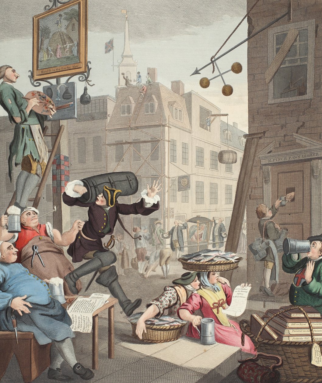 Beer Street, illusztráció a „Hogarth Restored: The Whole Works of the híres William Hogarth, re-graves by Thomas Cook”, pub. 1812 (kézzel színezett metszet) alkotó: William Hogarth