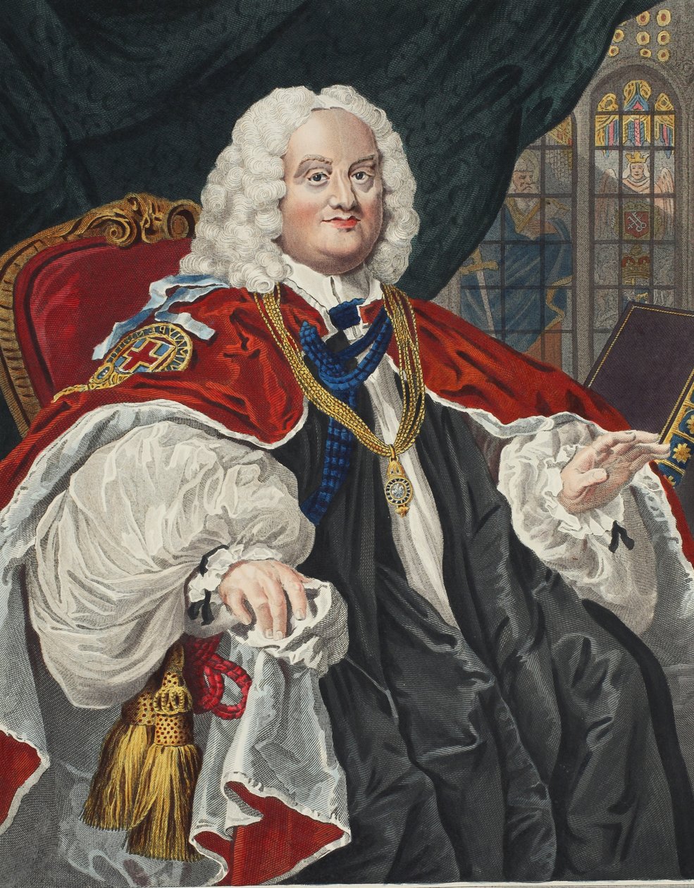 Benjamin Hoadly, illusztráció a „Hogarth Restored: The Whole Works of the híres William Hogarth, re-graves by Thomas Cook”, pub. 1812 (kézzel színezett metszet) alkotó: William Hogarth
