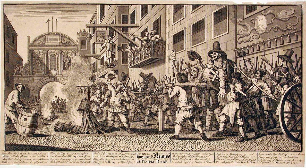 A „Rumps” felgyújtása a Temple Barban alkotó: William Hogarth