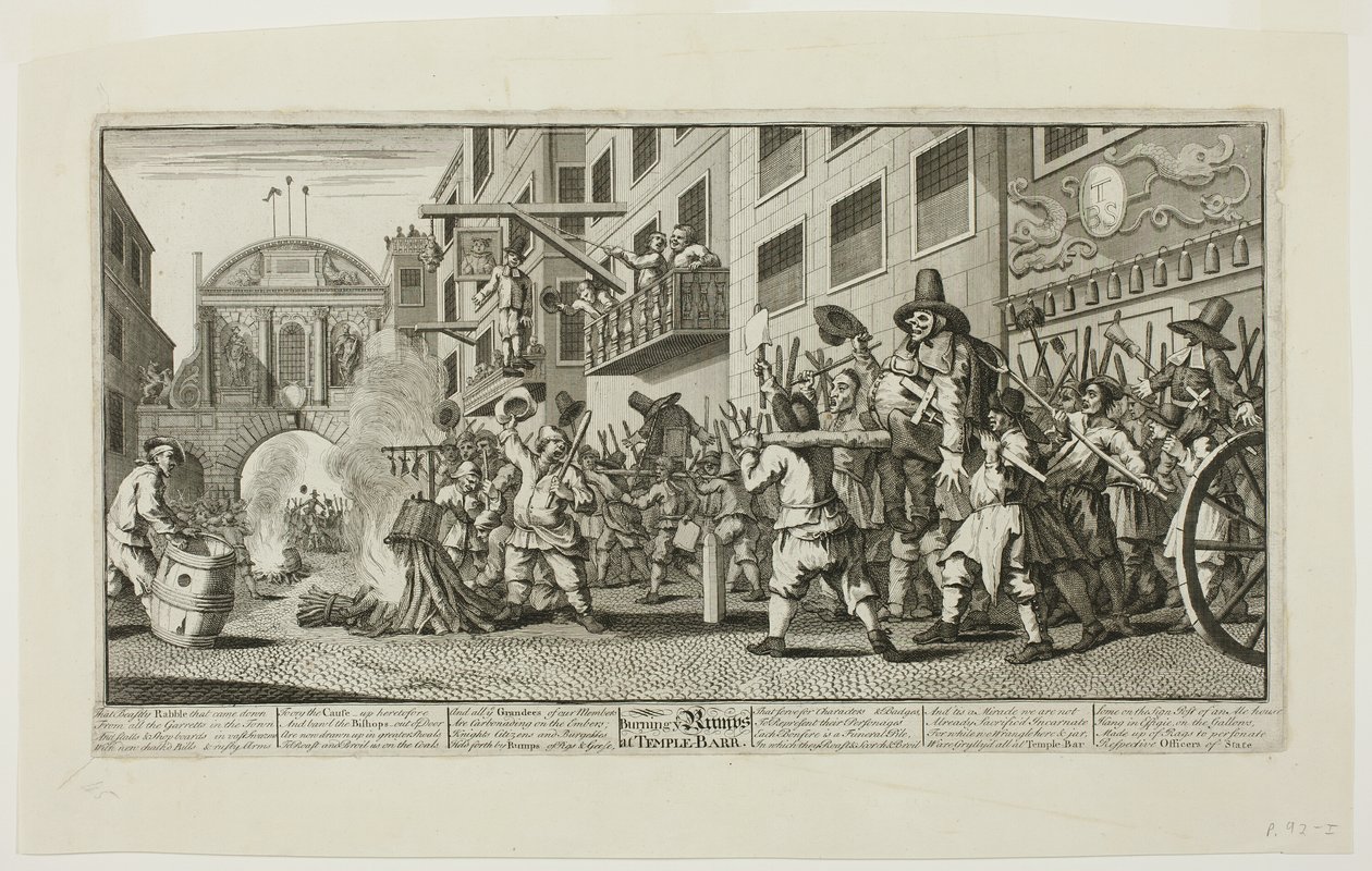 A Rumps égetése a Temple Barban, tizenegyes tányér a Hudibrasból alkotó: William Hogarth