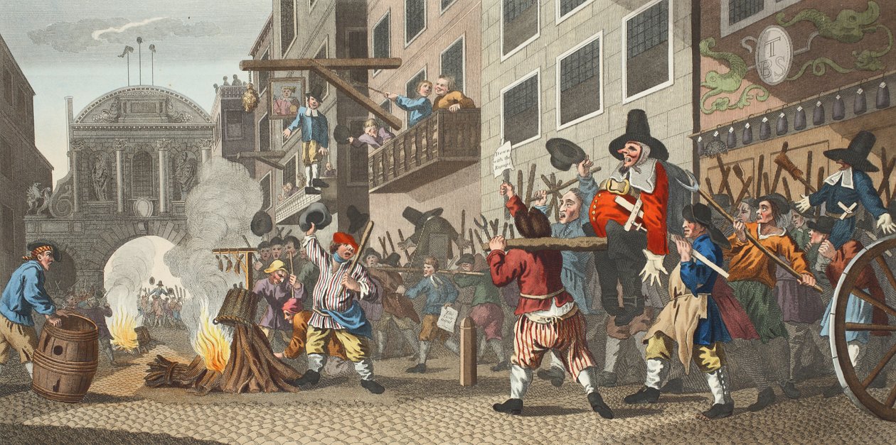 Burning ye Rumps at Temple-Barr, illusztráció a „Hogarth Restored: The Whole Works of the híres William Hogarth, újrametszette Thomas Cook”, pub. 1812 (kézzel színezett metszet) alkotó: William Hogarth