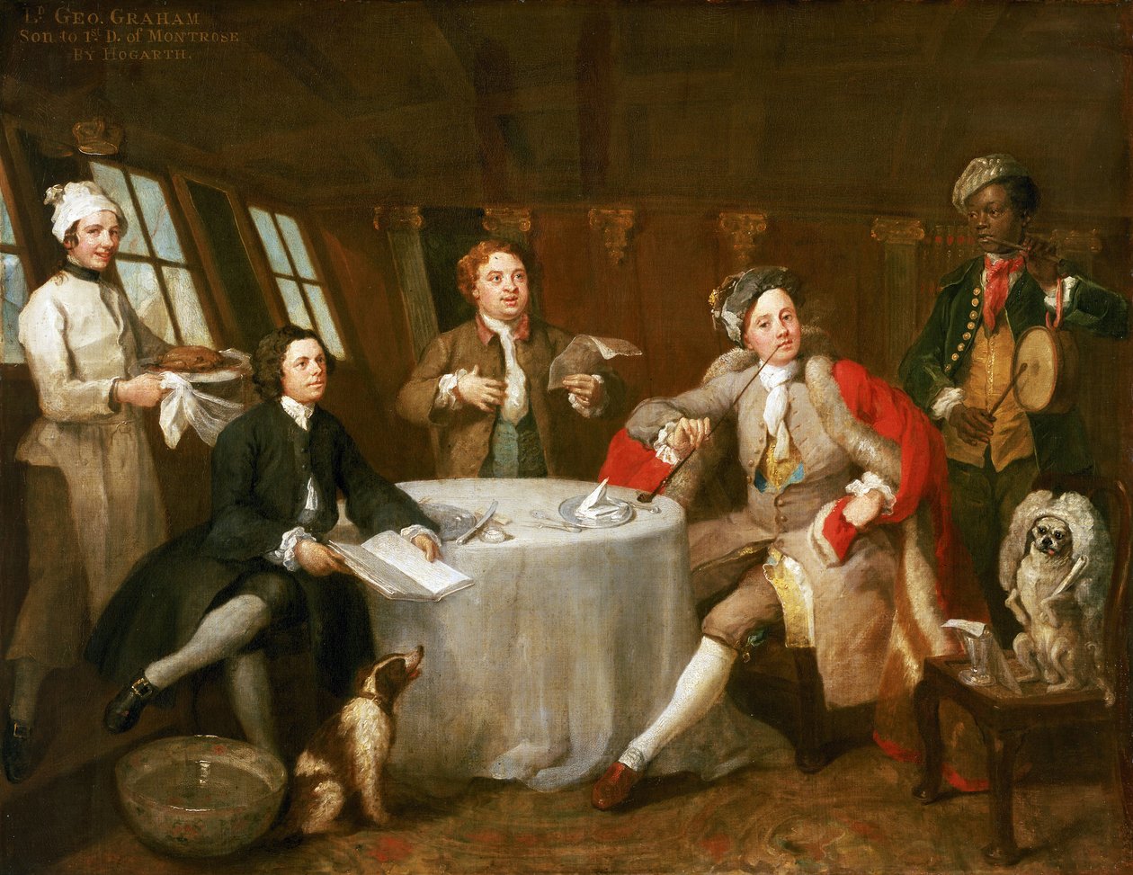 George Graham kapitány (1715-1747) a "Nottingham" nevű hajója kabinjában, festménye, amely az 1745 júniusában Oostende (Belgium) partjainál aratott győzelmének állít emléket, amelyet egy gazdag zsákmányt szállító francia kereskedelmi hajóraj felett aratott alkotó: William Hogarth