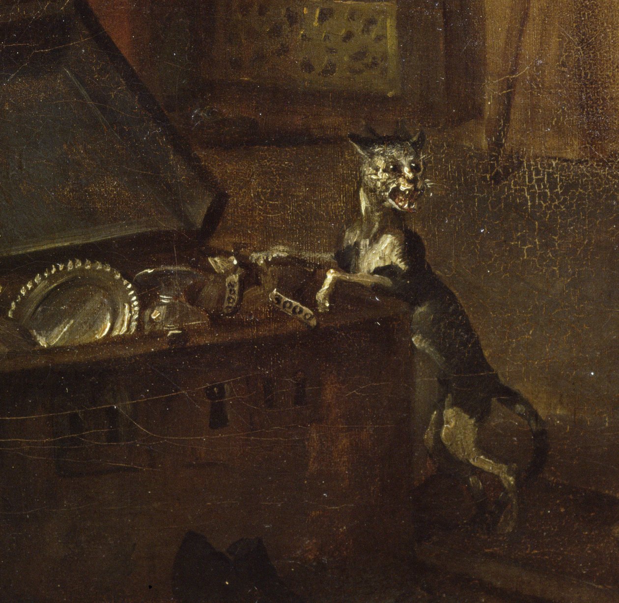Macska mellkassal, részlet az A Rakes Progress I: The Rake Taking Possession of his Estate című filmből, 1733 olaj, vászon, 72326 részlet alkotó: William Hogarth