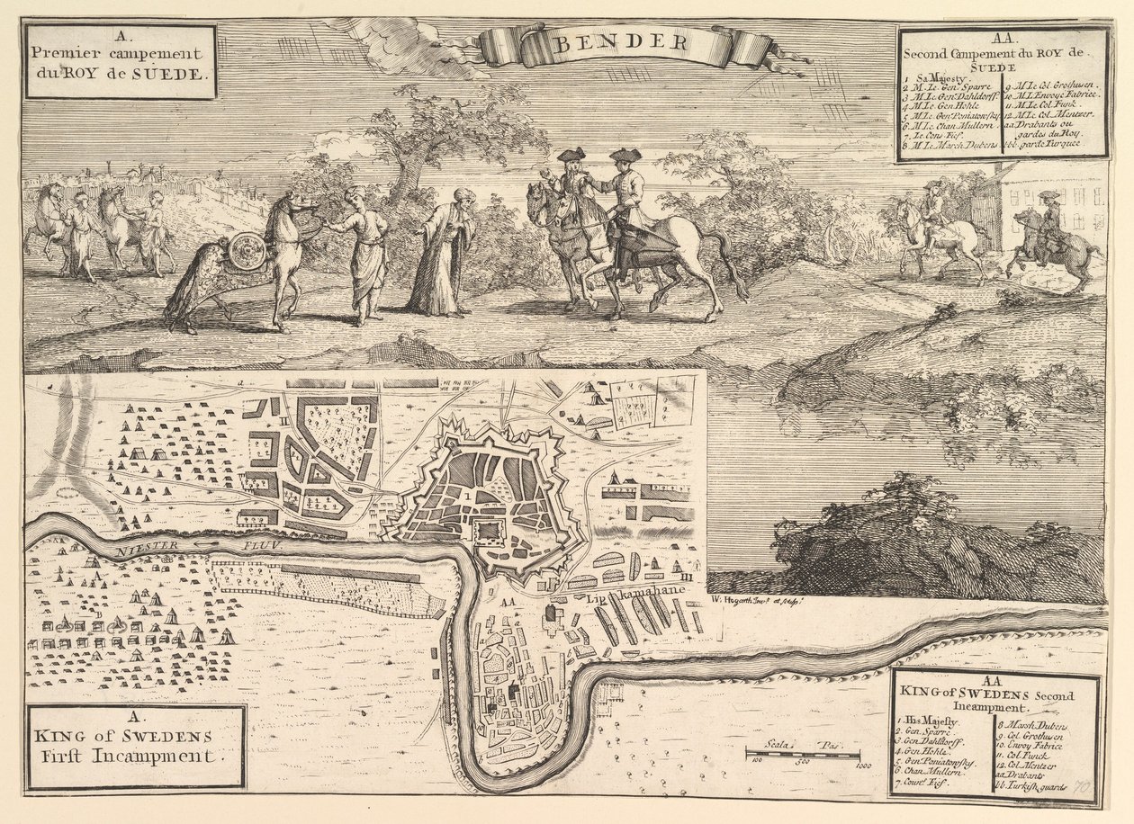XII. Károly Bender Aubry de La Mottrayesnél Európa-szerte, Ázsiában és..., 1723-24. alkotó: William Hogarth