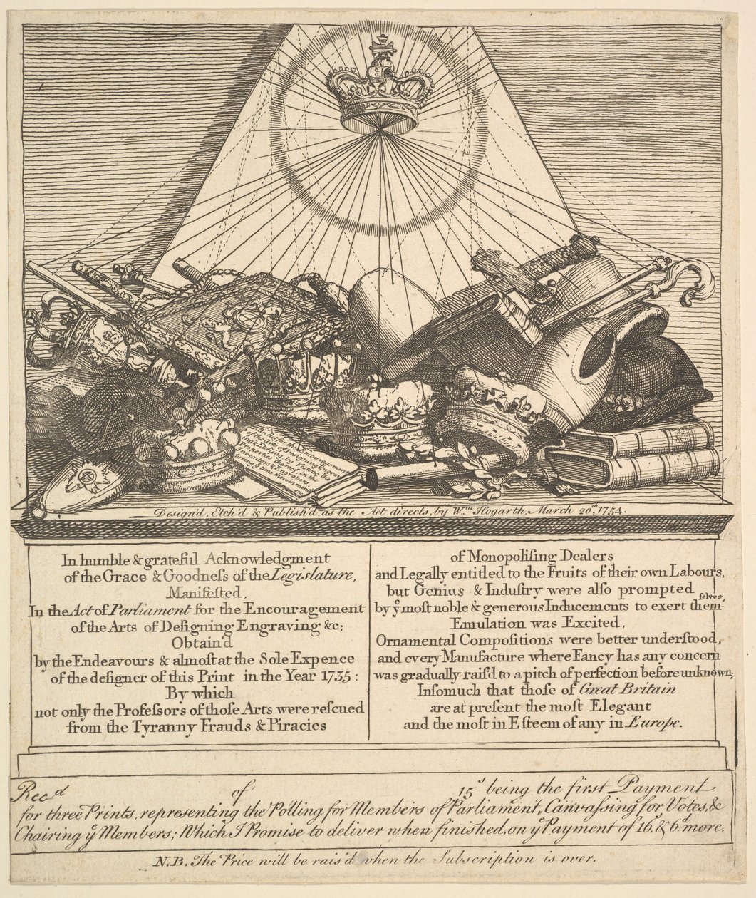Koronák, gércek, buzogányok stb., 1755. alkotó: William Hogarth