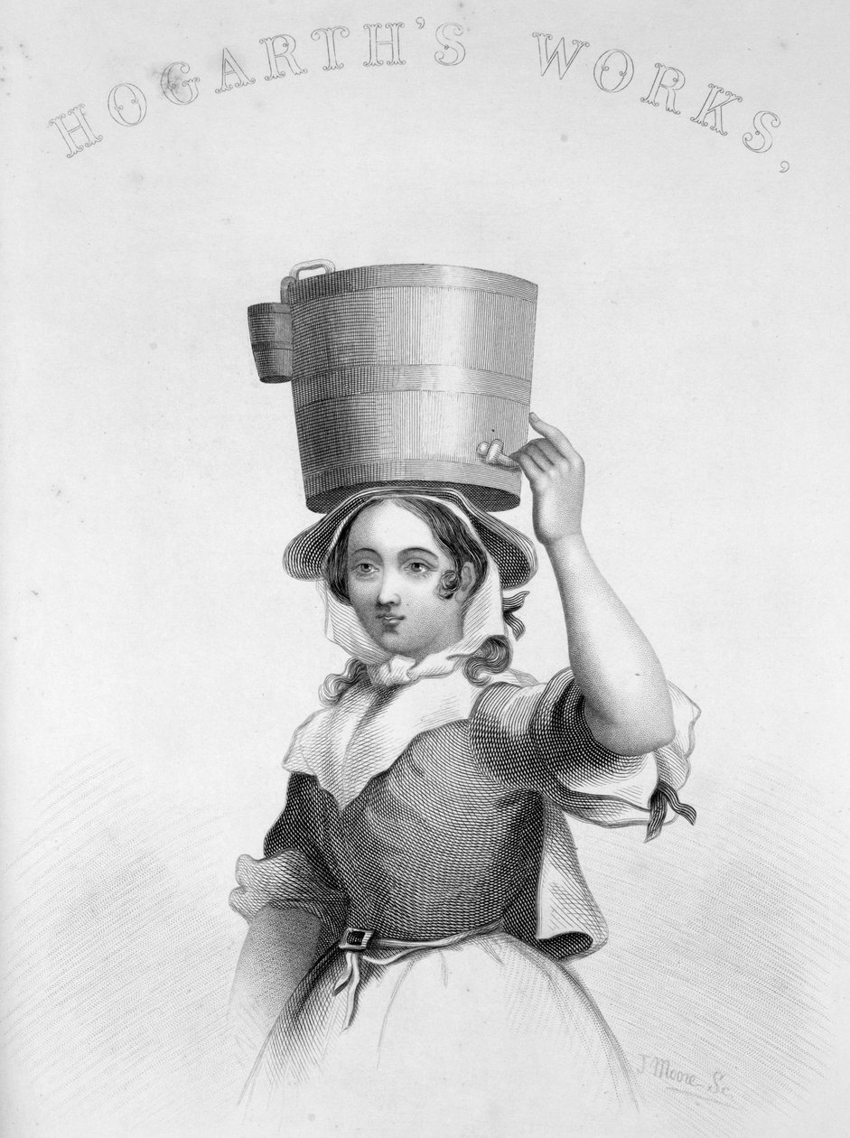J Moore a tejeslány metszetét ábrázolja a Hogarths Enraged Musician-ból alkotó: William Hogarth