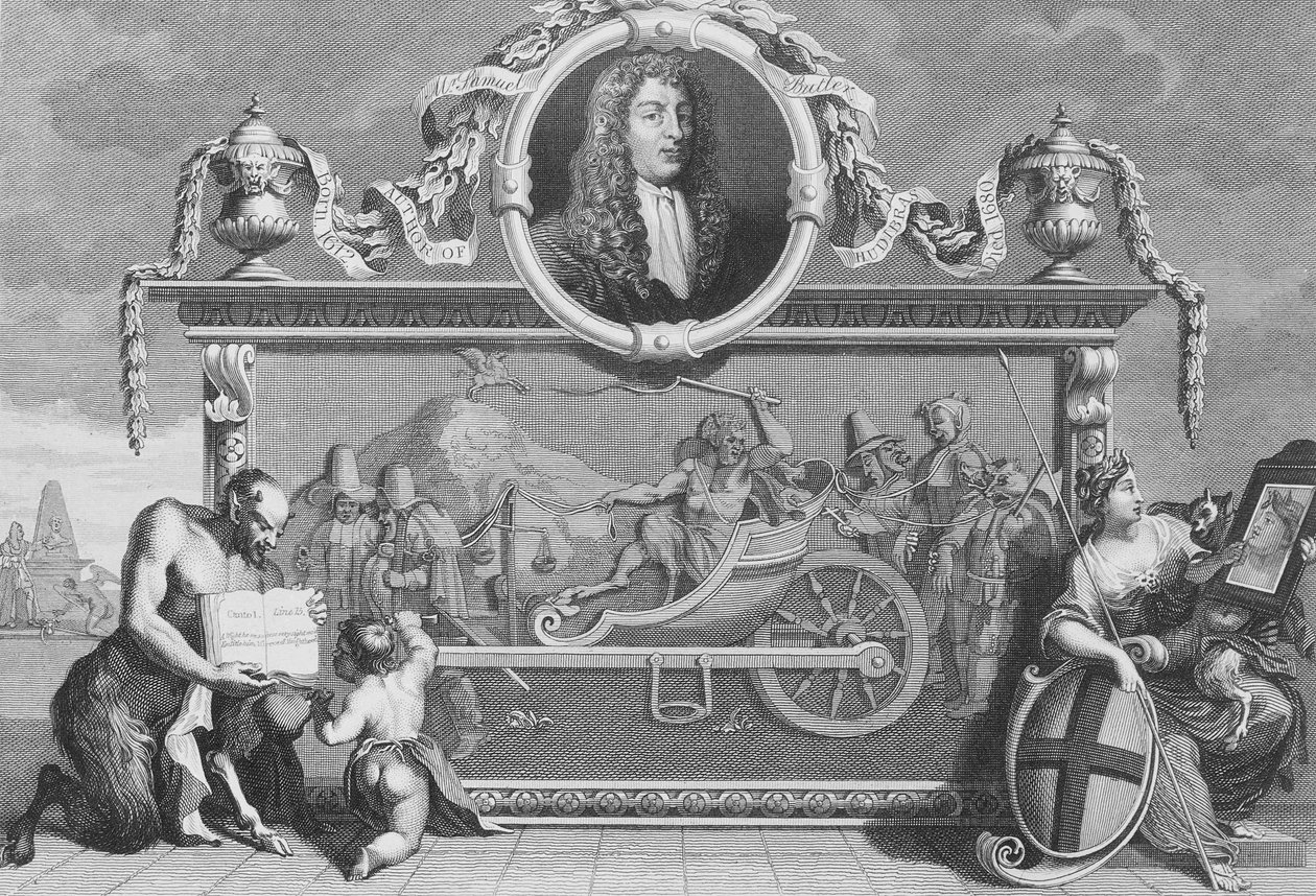 A „Hudibras” előlapja Samuel Butler portréjával, Cosmo Armstrong által metszett alkotó: William Hogarth