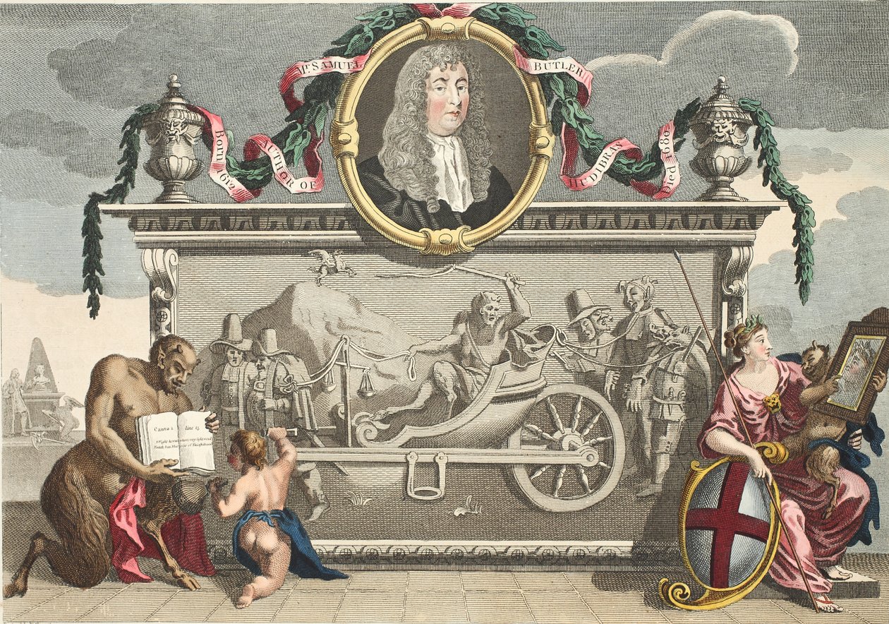 A „Hudibras” előlapja, köztük Samuel Butler portréja, illusztrációja a „Hogarth Restored: The Whole Works of the híres William Hogarth, újrametszett Thomas Cook” című kocsmából. 1812 (kéz- alkotó: William Hogarth