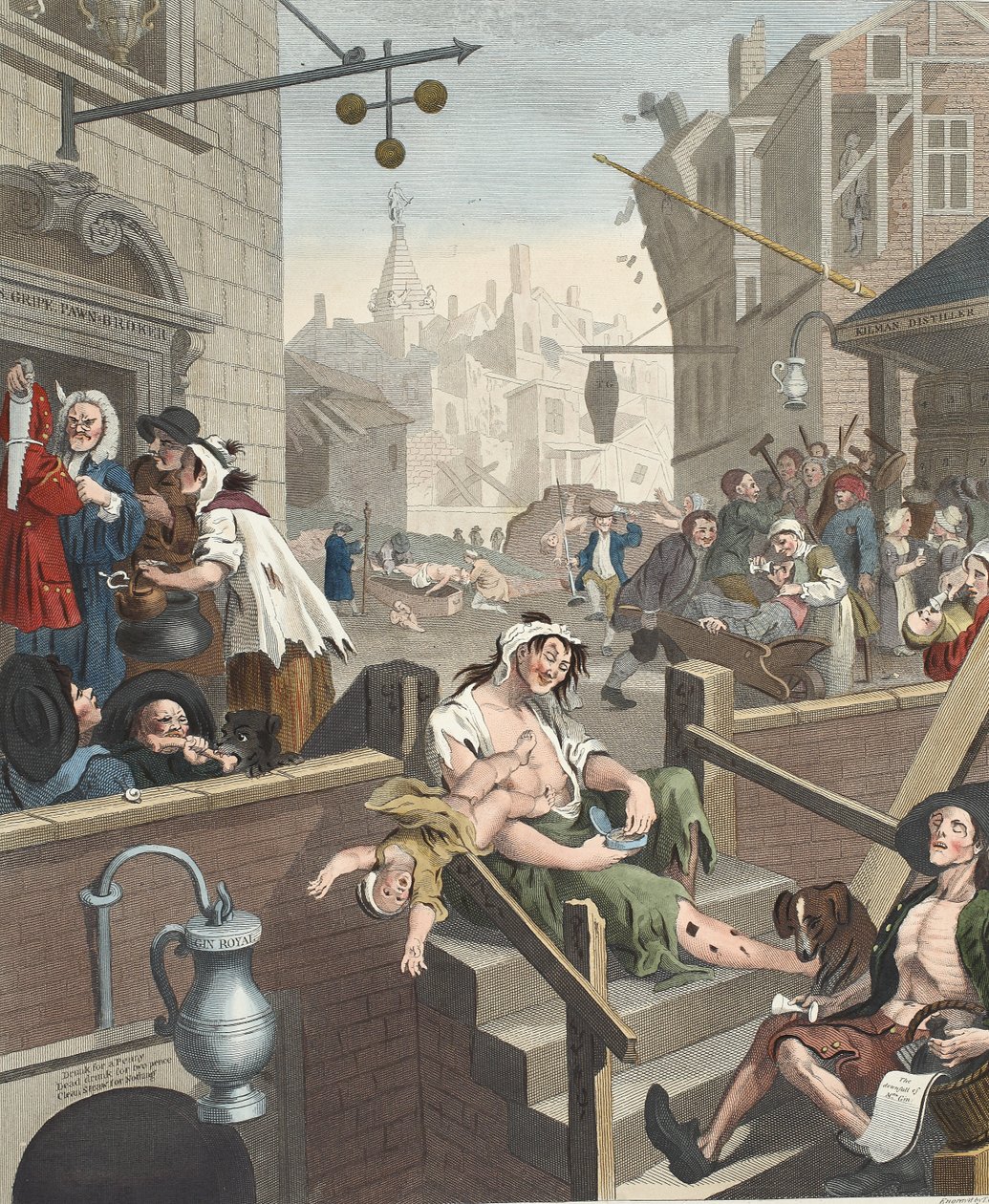 Gin Lane, illusztráció a „Hogarth Restored: The Whole Works of the híres William Hogarth, re-graves by Thomas Cook”, pub. 1812 (kézzel színezett metszet) alkotó: William Hogarth