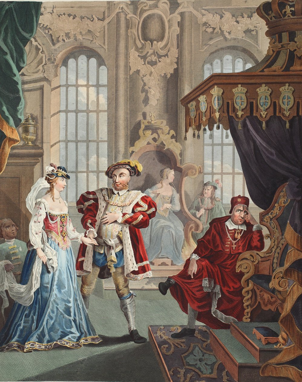 VIII. Henry és Anne Boleyn, illusztráció a „Hogarth Restored: The Whole Works of the híres William Hogarth, újrametszett Thomas Cook” című kocsmából. 1812 (kézzel színezett metszet) alkotó: William Hogarth