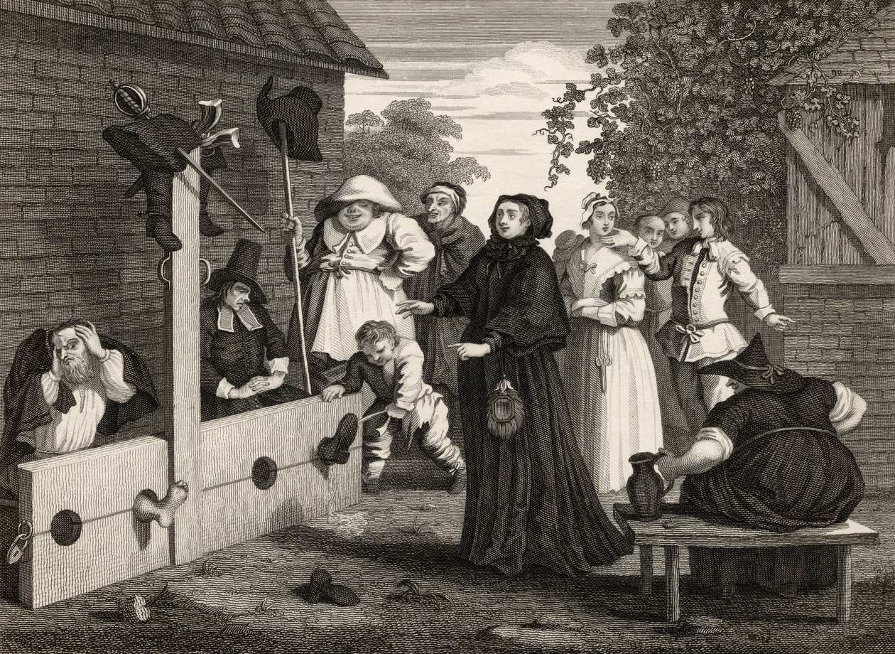 Hudibras és Ralpho a készletekben, Samuel Butler (1612-80) „Hudibras” című művéből, J. Romney metszete, „William Hogarth műveiből”, 1833. alkotó: William Hogarth